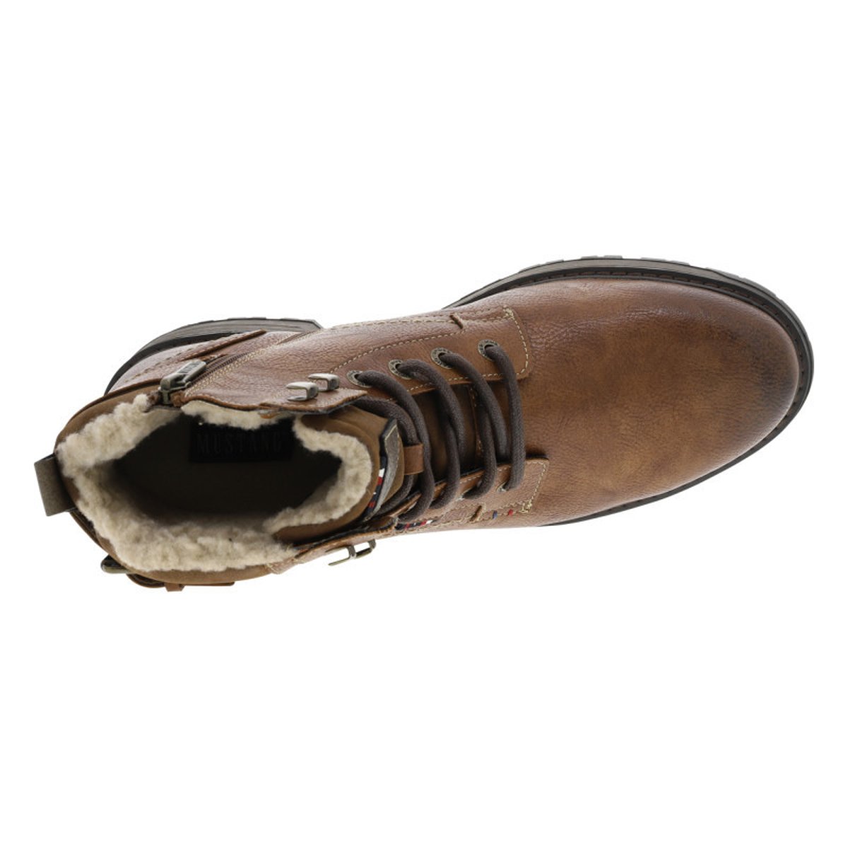 Bottines brunes à talon décroché bas avec un zip et des lacets ronds brunes, MUSTANG