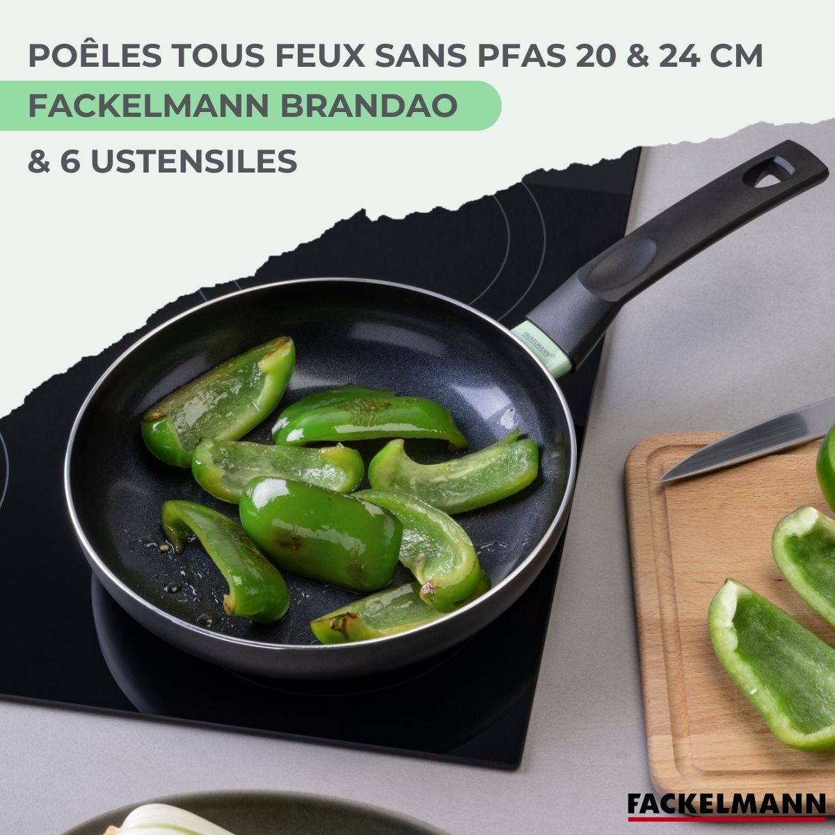 Ensemble de 2 poêles de 20 et 6 ustensiles BRANDAO noir|vert, FACKELMANN