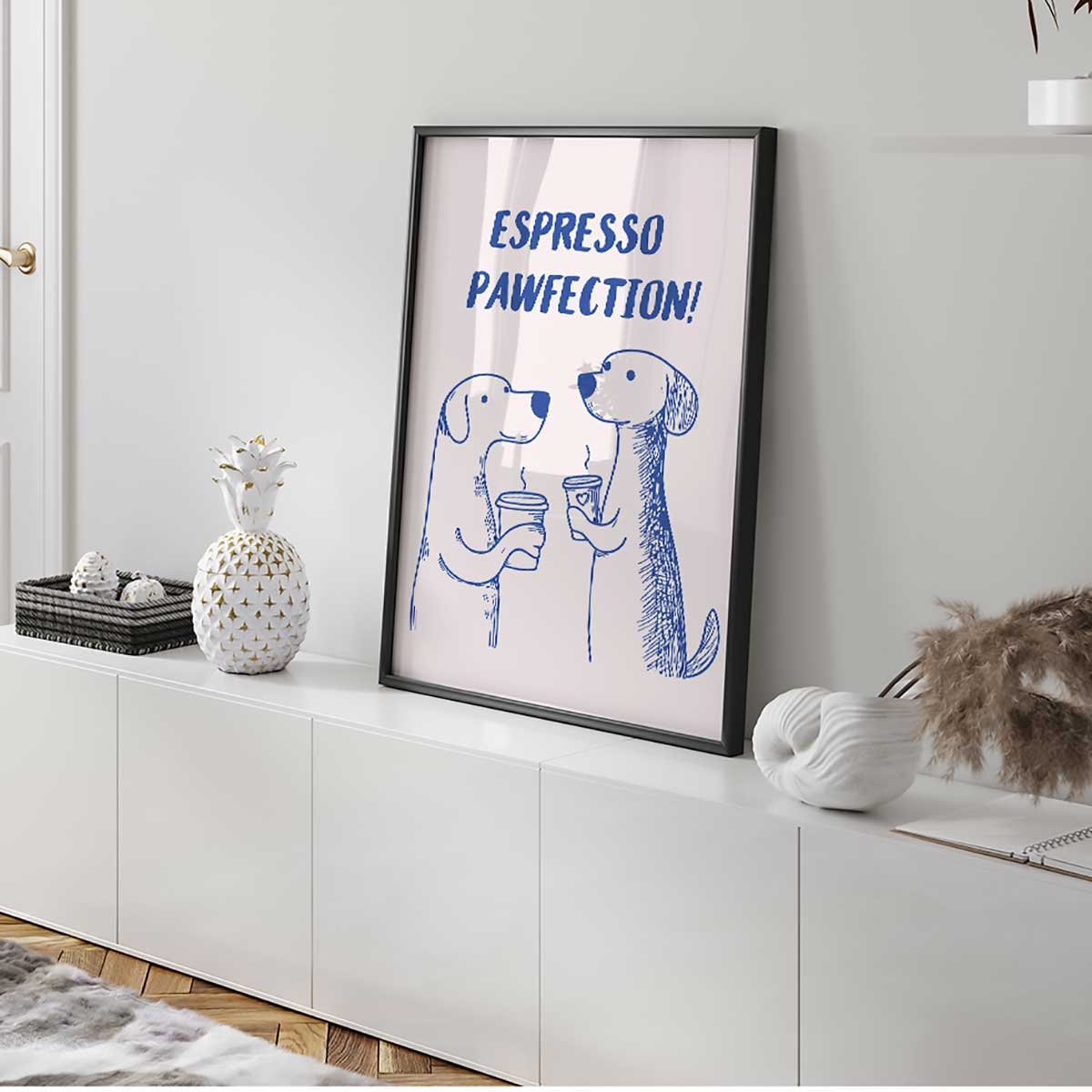 Affiche encadrée chiens café humour affiche + cadre en métal - noir, HEXOA