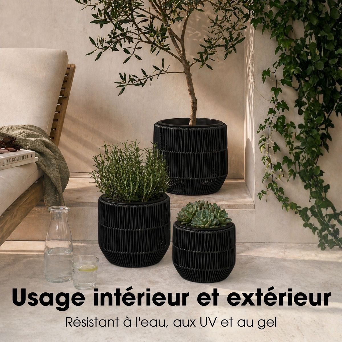 Cache-pot extérieur PETA noir, MICA DECORATIONS