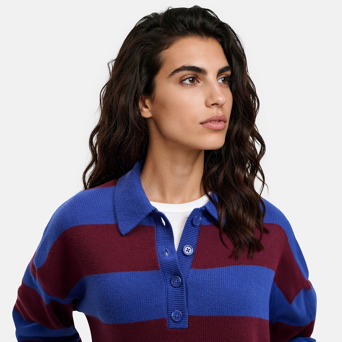 Pull col polo à rayures rayé bordeaux/bleu, LA REDOUTE COLLECTIONS