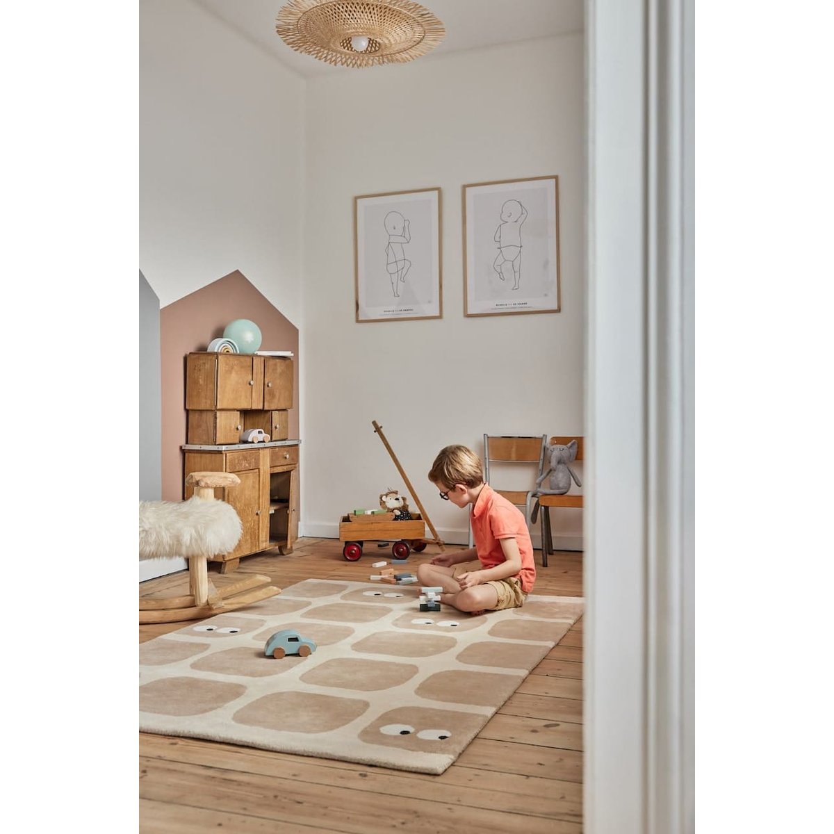 Tapis enfant rectangulaire épais, Coton bio GOTS, BIDULES beige, BLEUU STUDIO