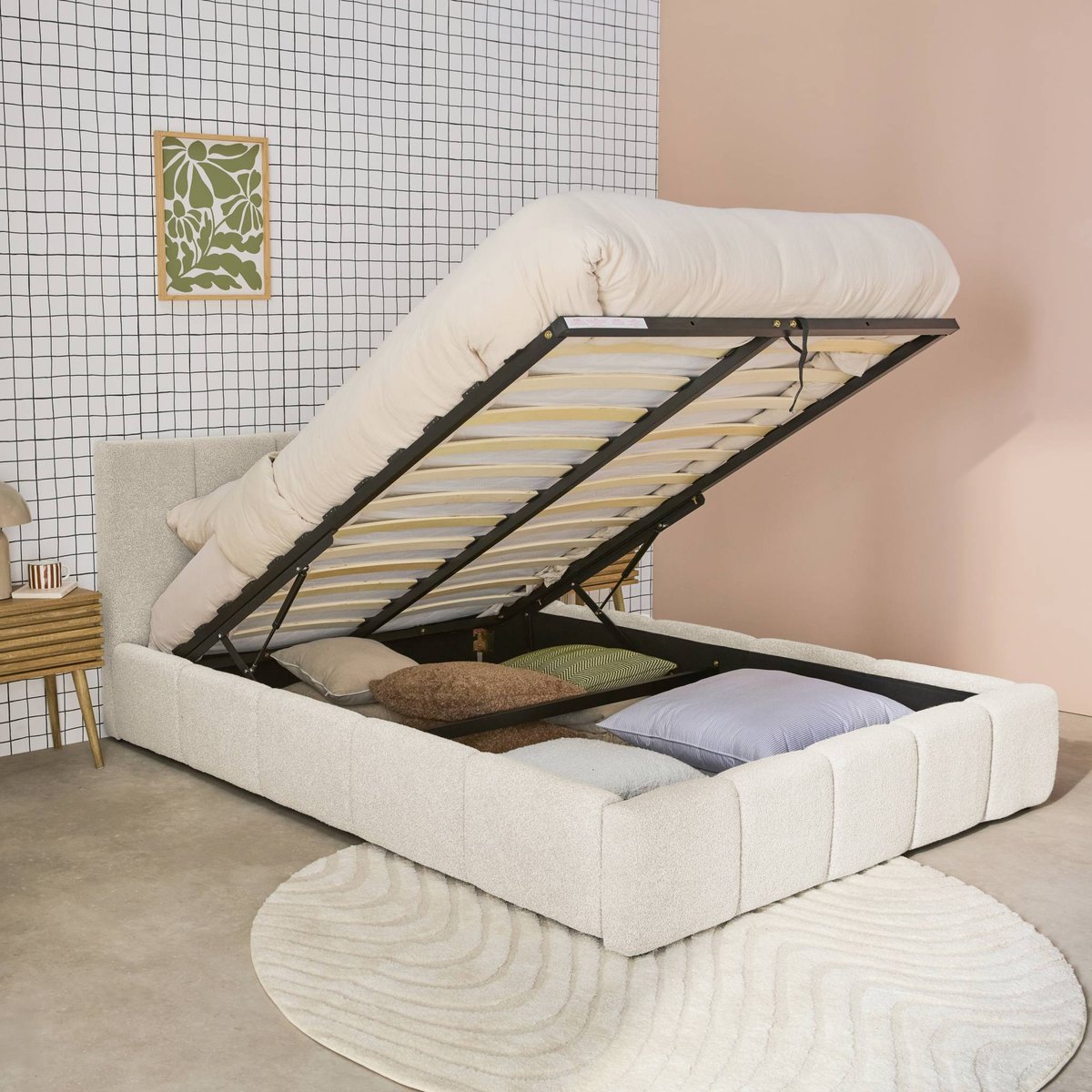 Lit coffre avec sommier à lattes et tête de lit 140 x 190 cm bouclette texturée LEX blanc, SWEEEK