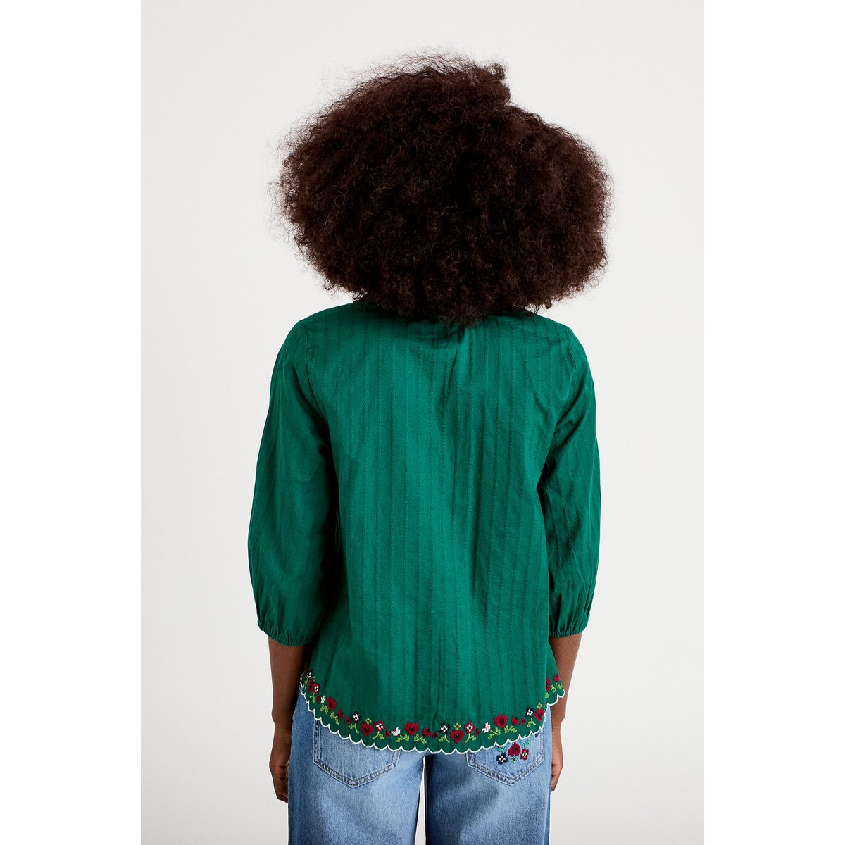 Blouse broderie col v manches 3/4 vert foncé, CACHE CACHE