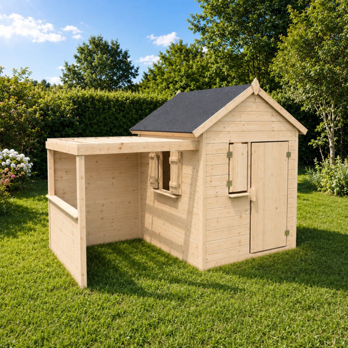 Cabane en bois enfant avec pergola et plancher ALPAGA beige, SOULET