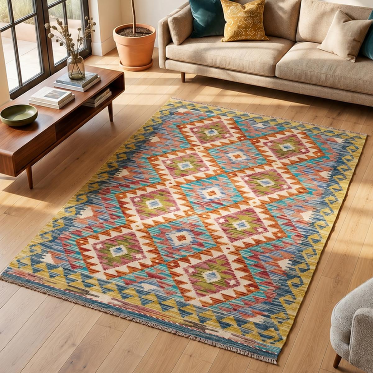 Tapis d'orient, motif géométrique authentique, tissé en laine, KILIM 6 multicolore, bleu, rouge, UN AMOUR DE TAPIS