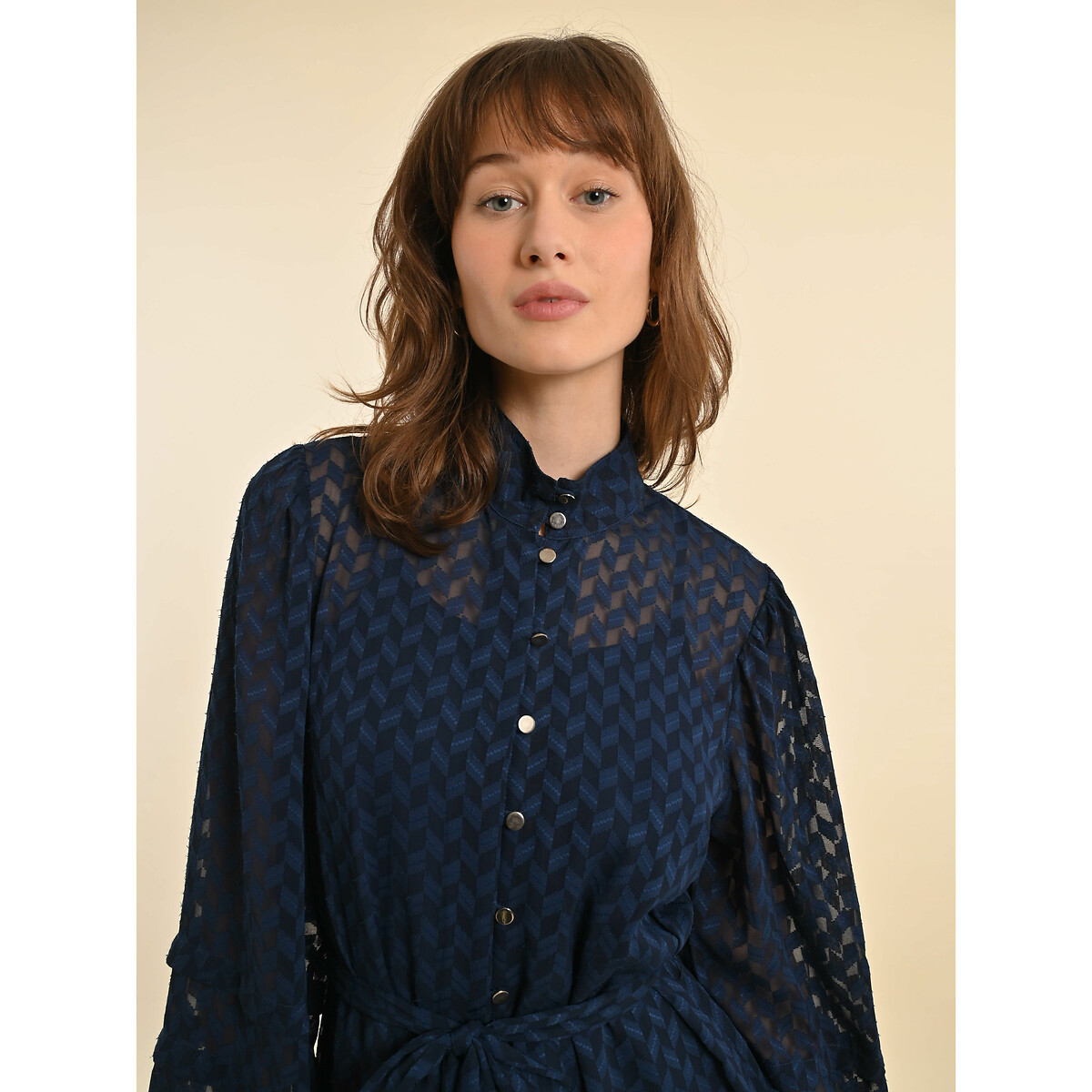 Buttoned Mini Dress with Tie-Waist and High Neck navy blue, MOLLY BRACKEN