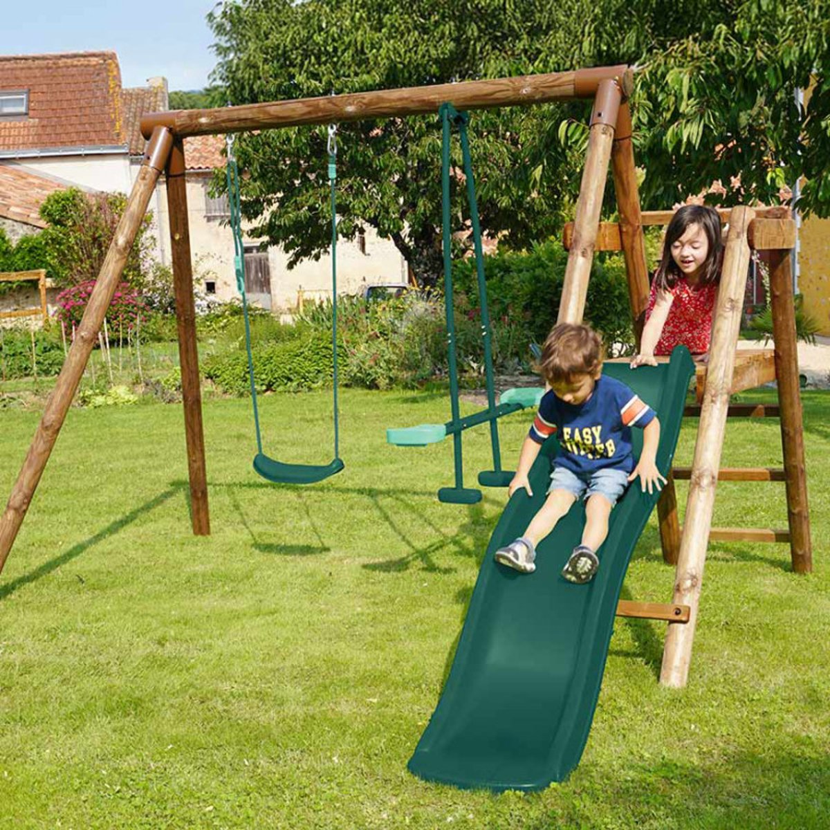 Portique en bois rond 2 agrès et toboggan bas MENTHE marron, SOULET