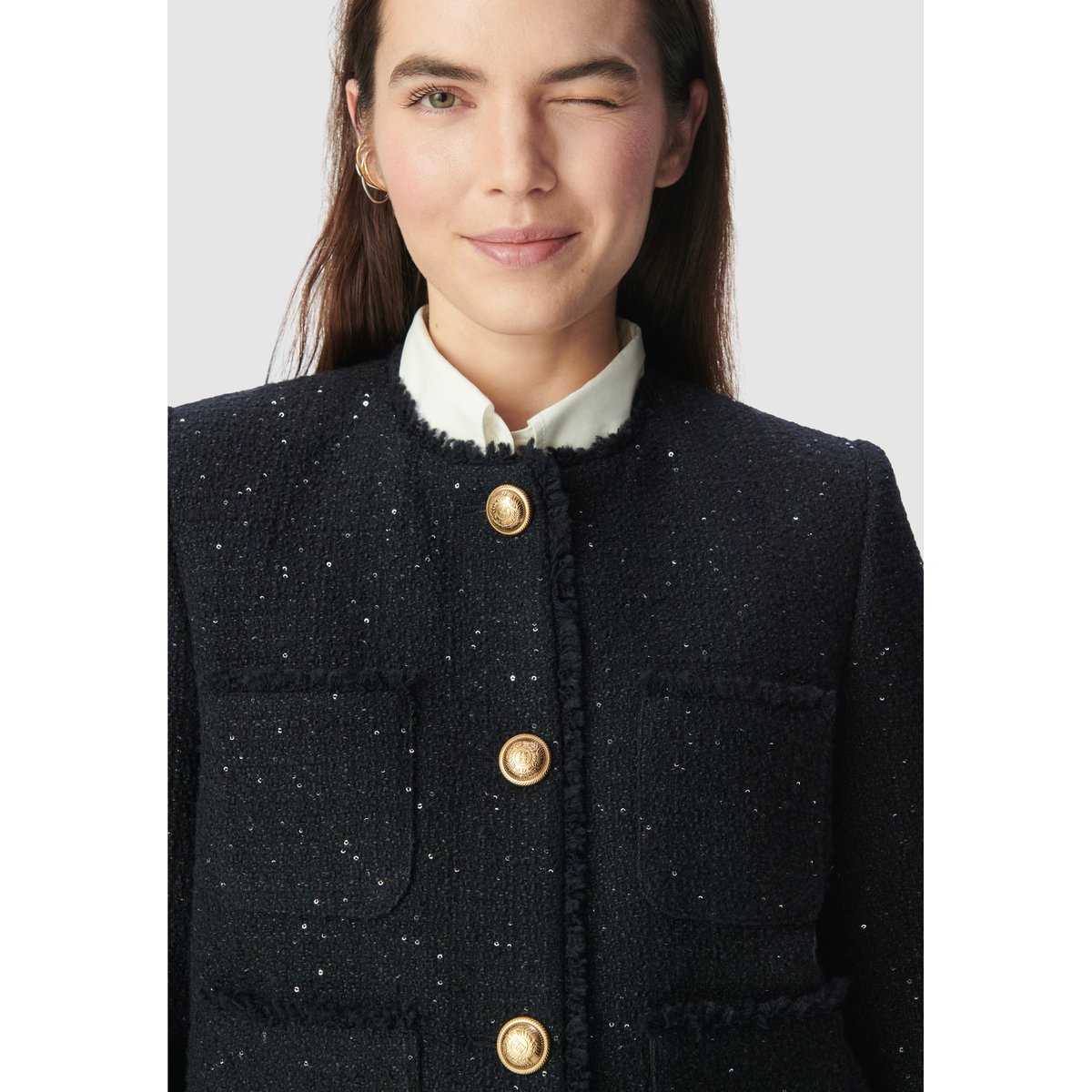 Veste courte effet tweed et sequins brodés bleu marine, IKKS