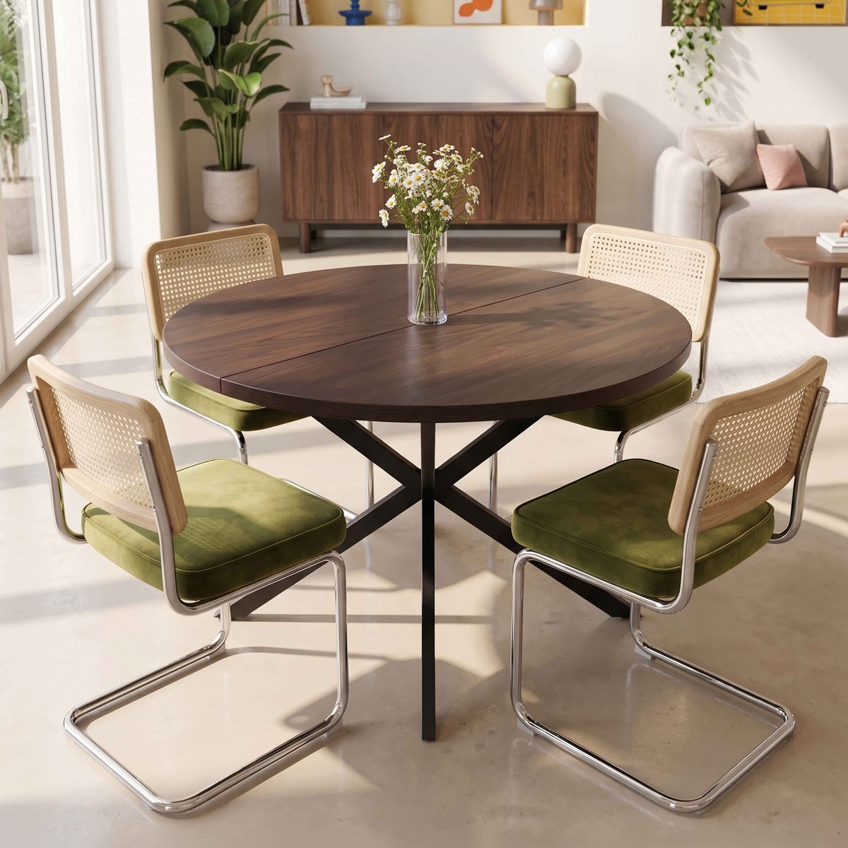Table à manger extensible ronde en métal et effet bois 6 à 8 personnes, MARCIA marron, OVIALA