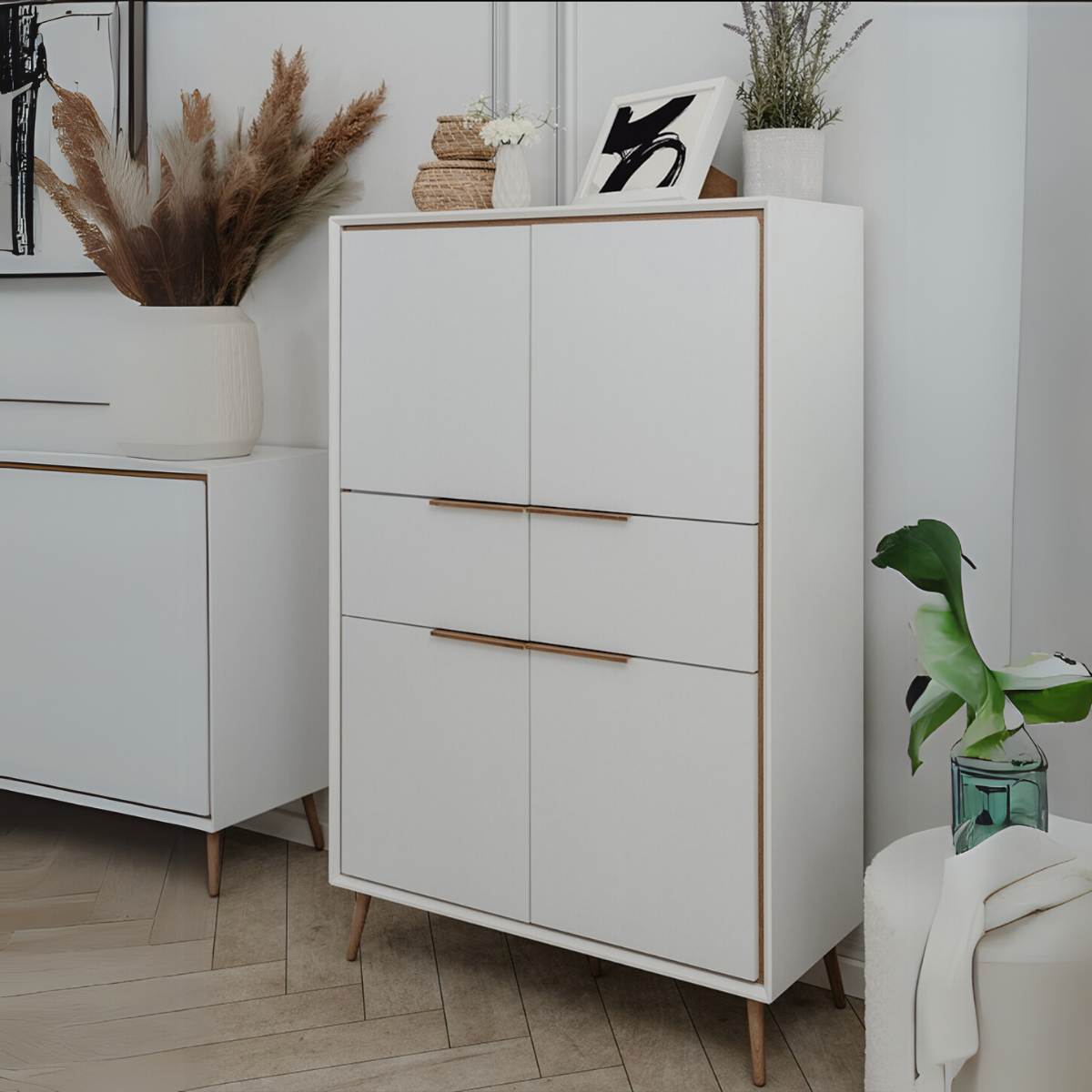 Buffet Haut 4 Portes et 2 Tiroirs H140 cm - ARONA chêne artisan / blanc, CALICOSY