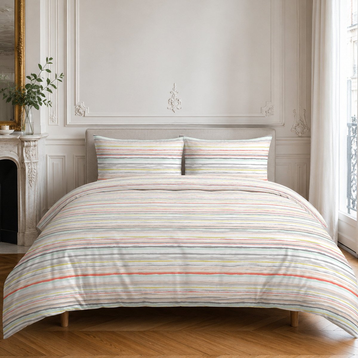 Parure housse de couette en cotonrayures muticolore, PAINTERLY STRIPE multicolore, C DESIGN HOME TEXTILE