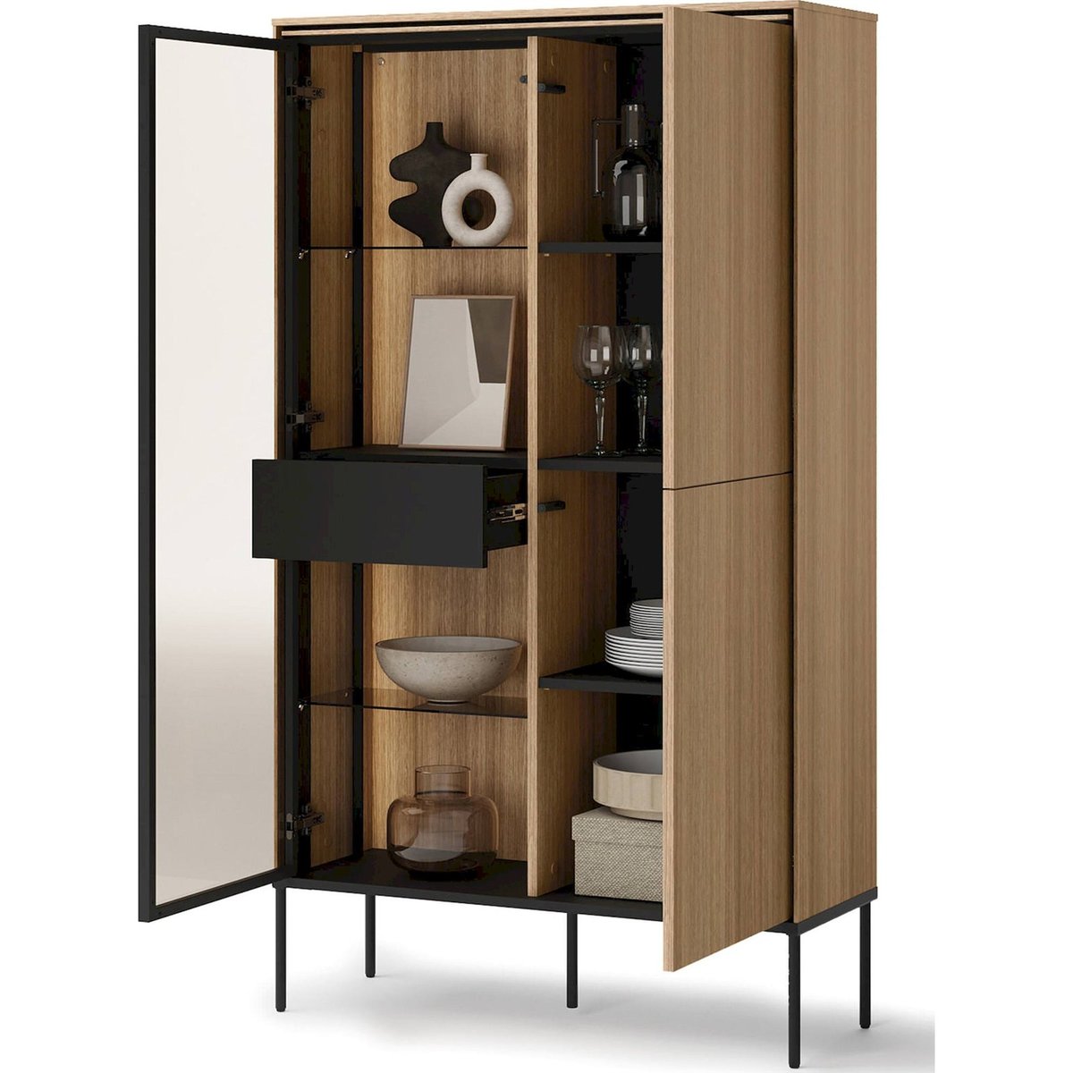 Commode haute vitrée VISSO avec éclairage LED chêne linéaire et noir, RECOLLECTION