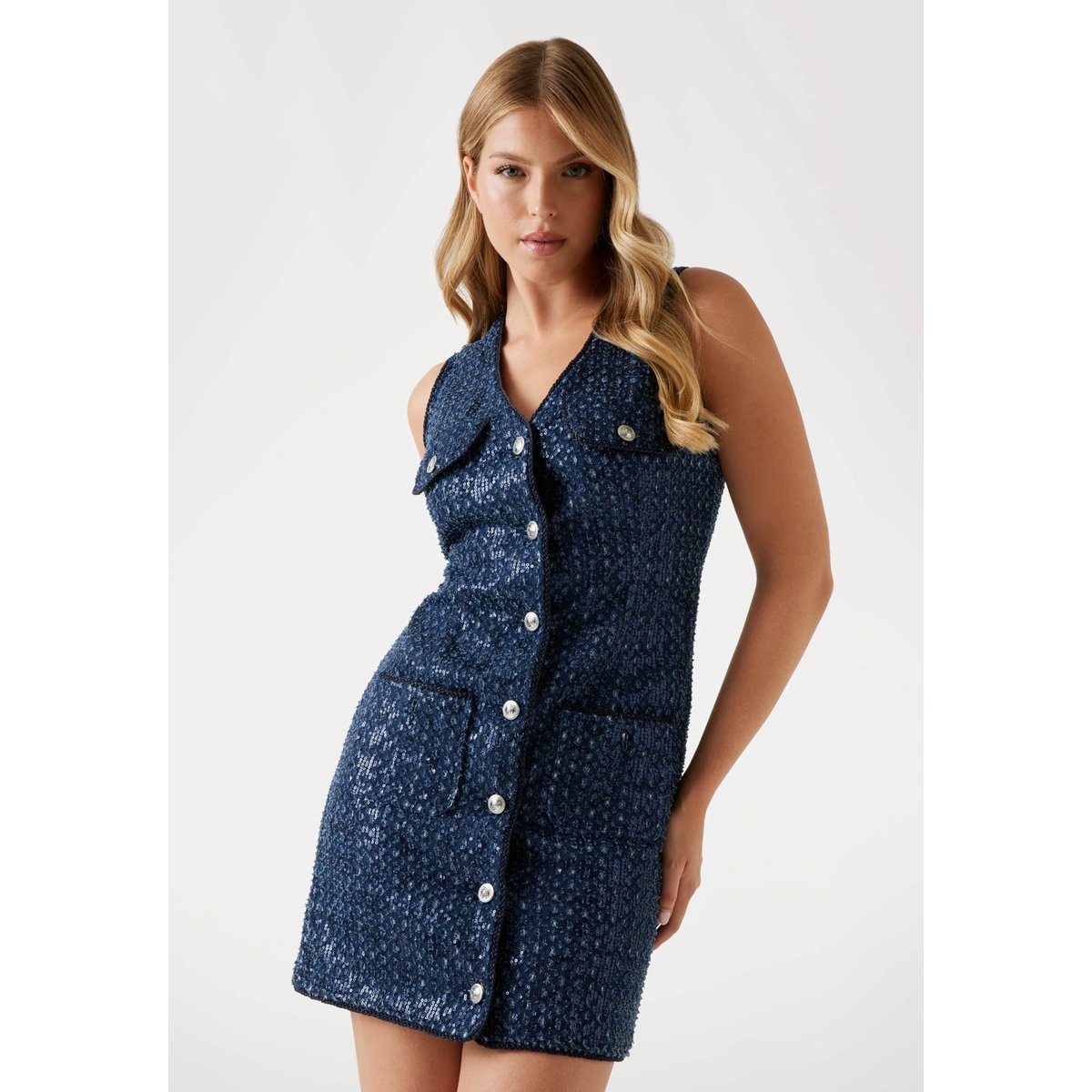 Mini Robe Denim Sequins bleu foncé, GUESS