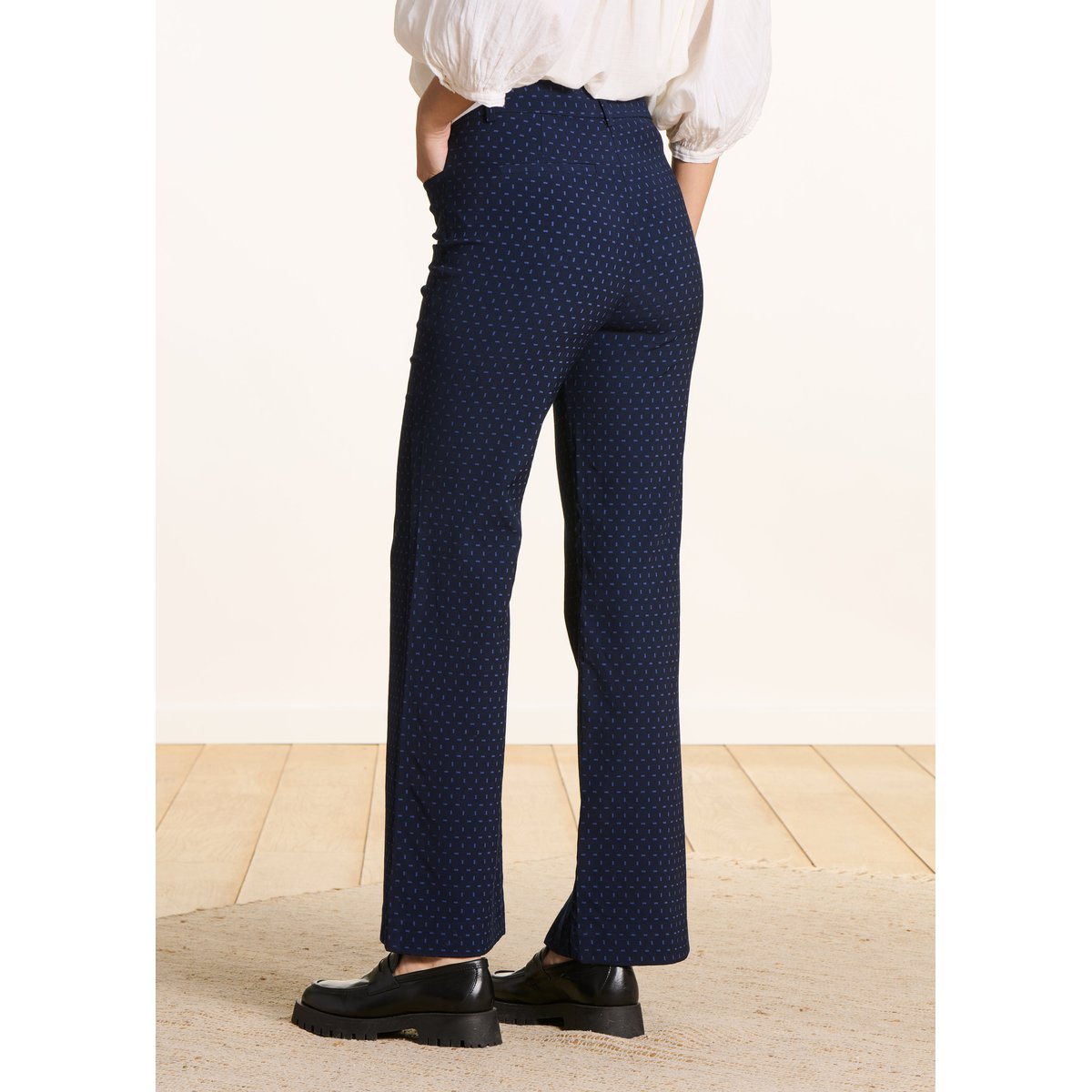 Pantalon flare en jacquard marine/mauve, LA FEE MARABOUTEE