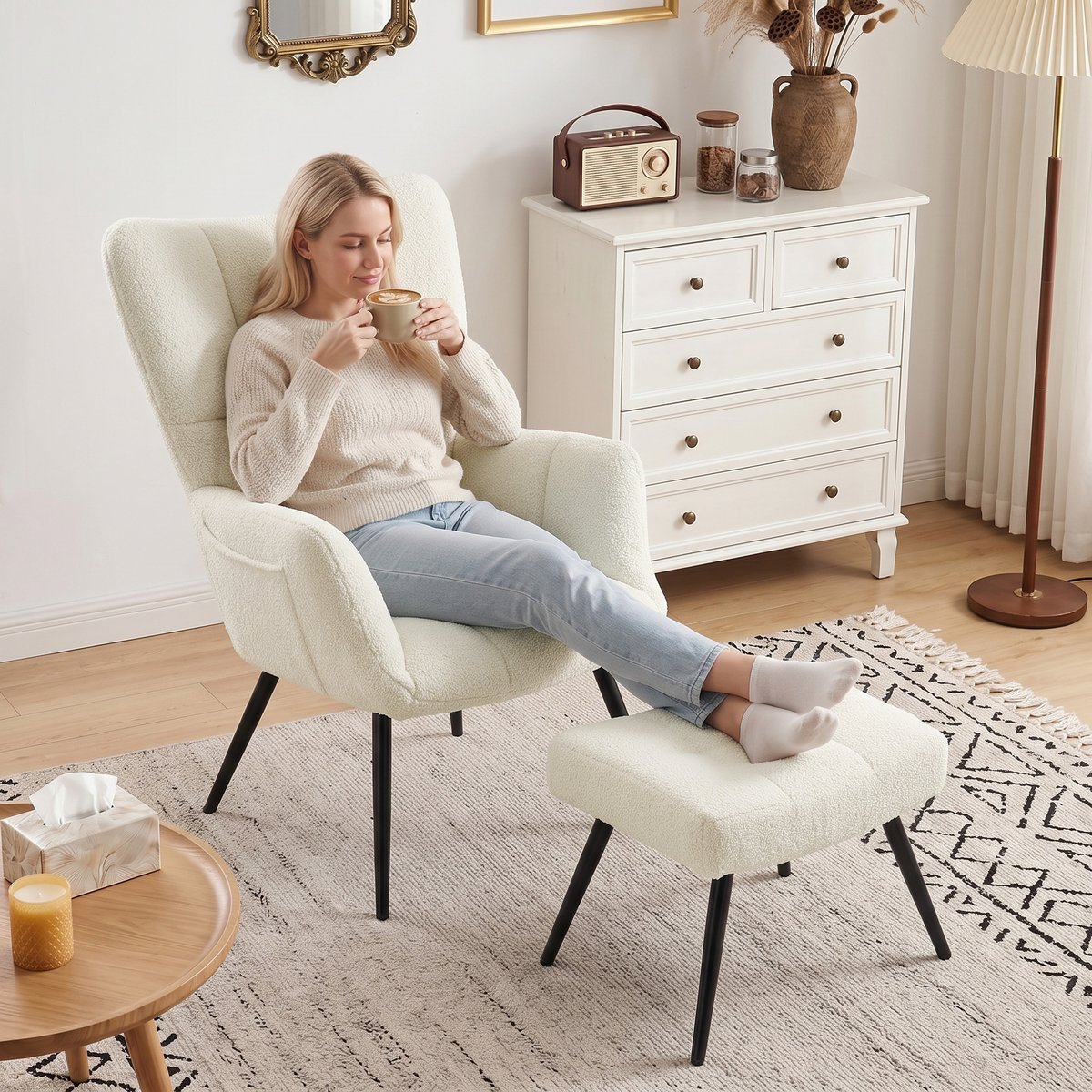 Fauteuil d'appoint avec repose-pieds Peluche beige, HOMCOM