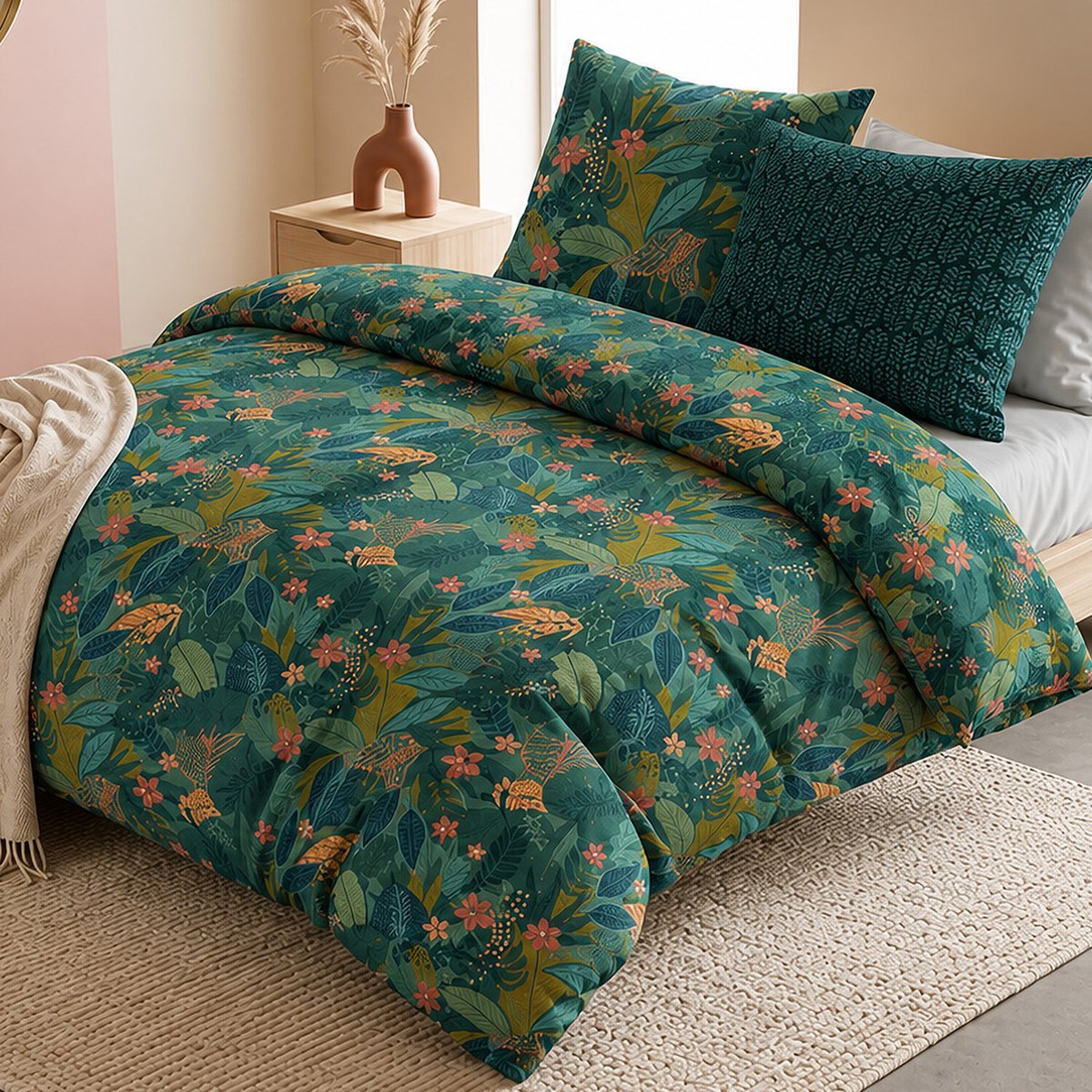 Parure de lit en percale de coton feuillages, ZELYA multicolore, ATELIER DU COTON