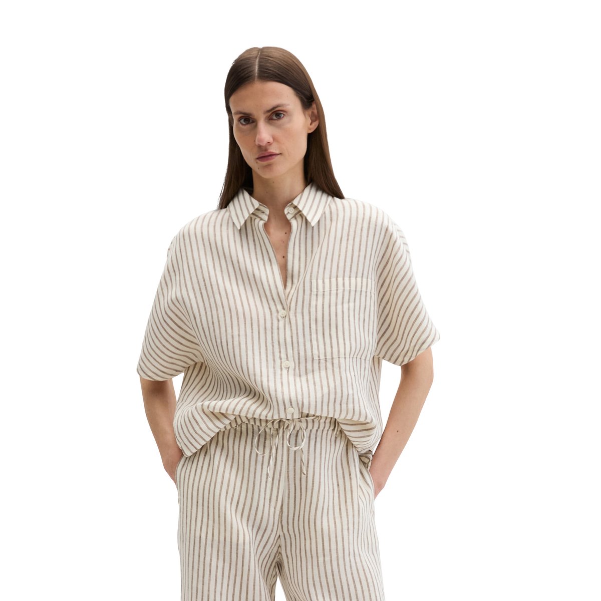 Blouse en lin regular avec motif à rayures teinté dans la masse marron, MARC O'POLO