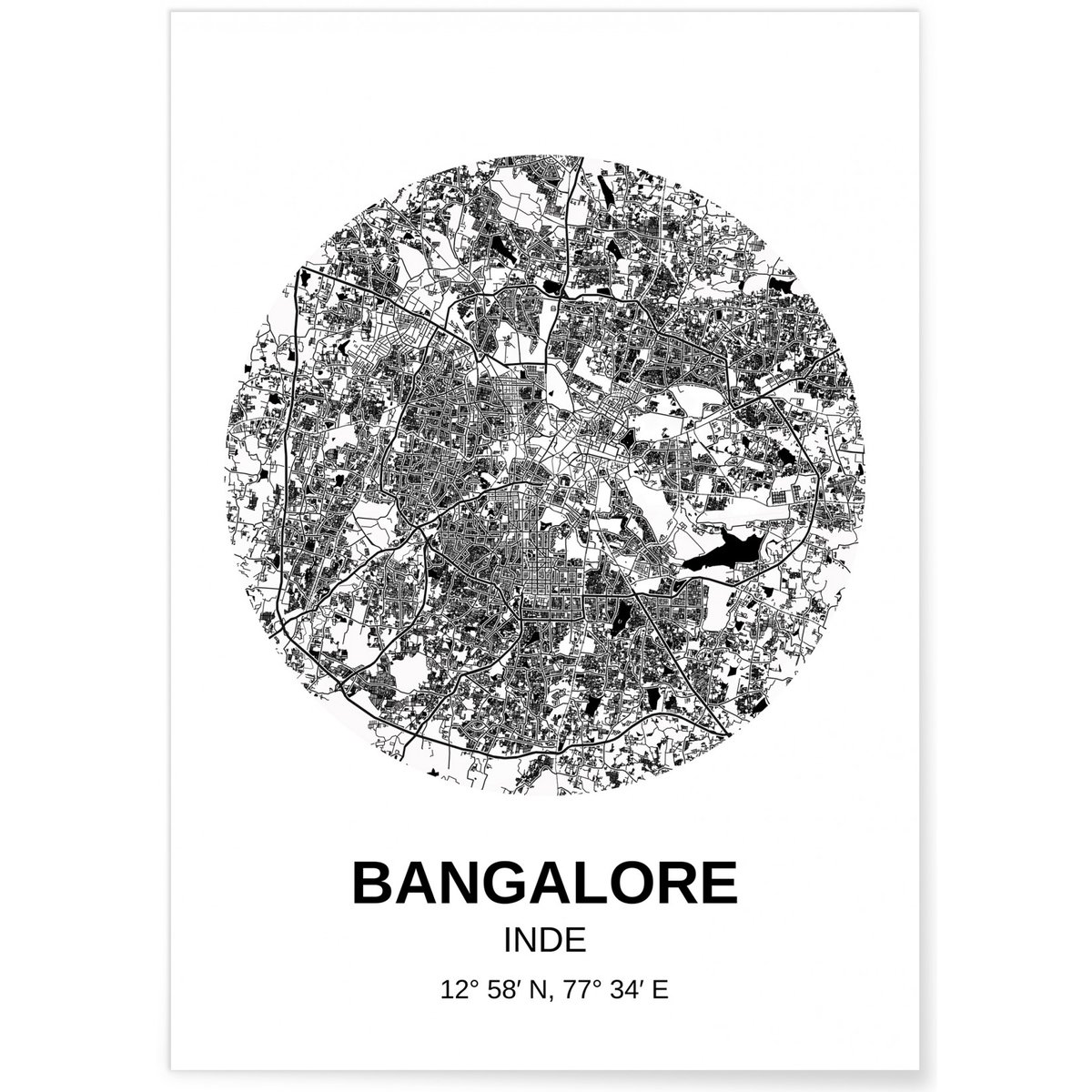 Affiche Carte Bangalore blanc, L'AFFICHERIE