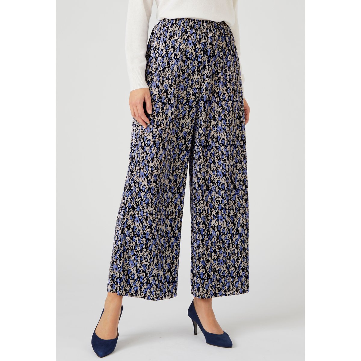 Pantalon 7/8ème maille plissée bleu fleuri, DAMART