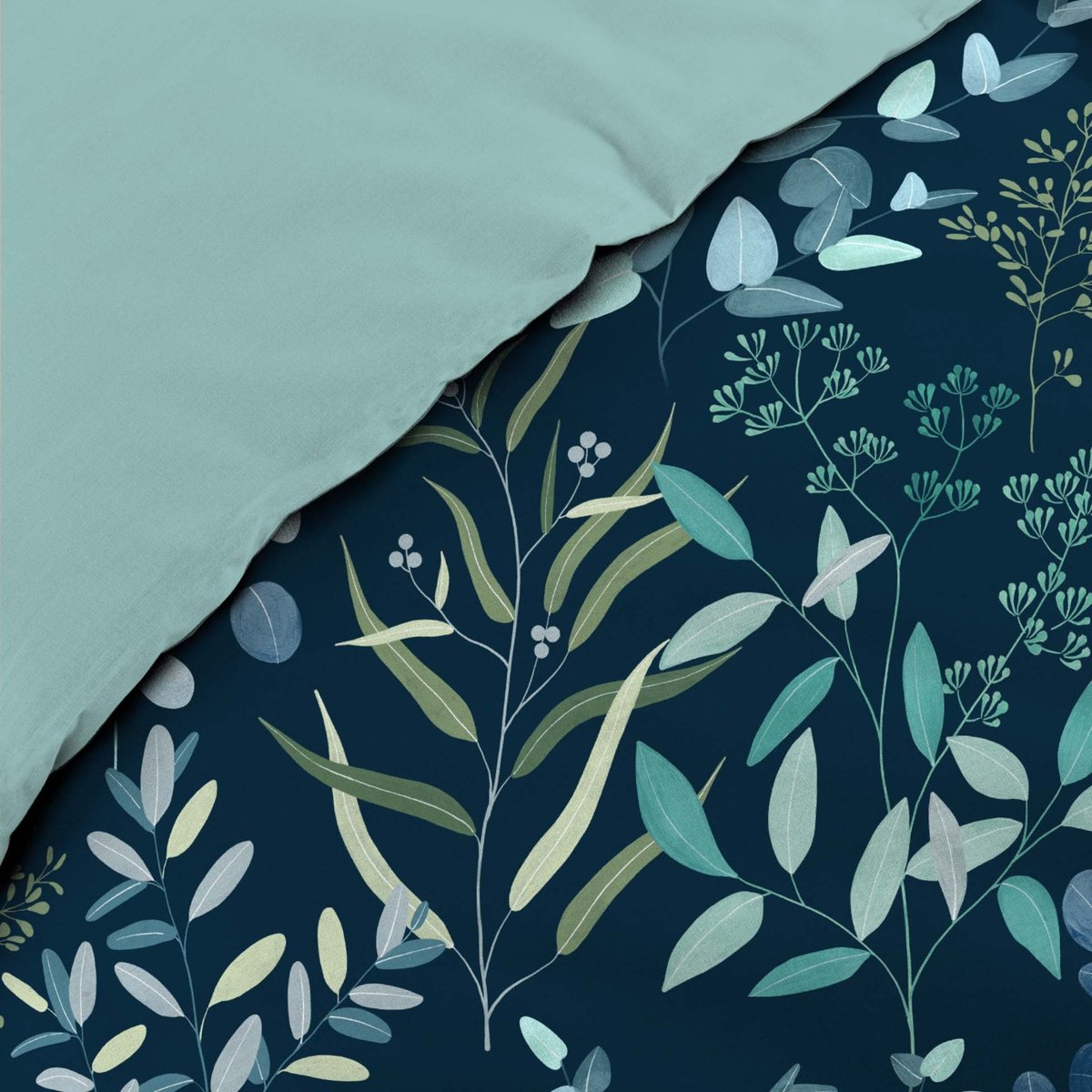 Parure de lit 3 pièces 100% coton à motif végétal housse + taies bleu, DOUCEUR D'INTÉRIEUR