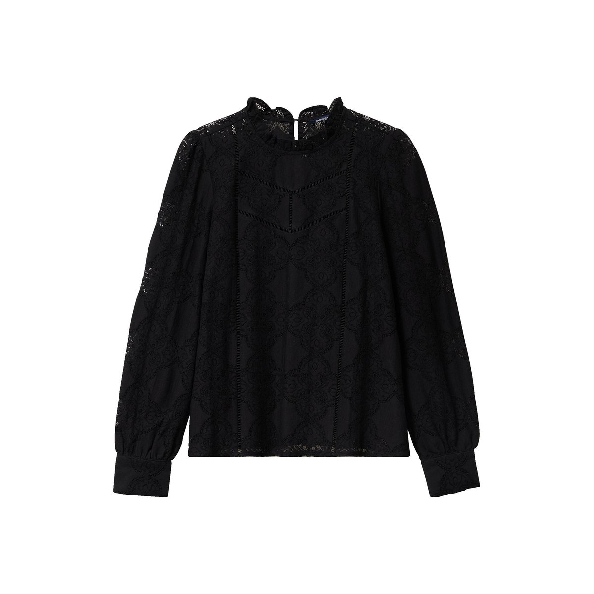 Blouse cintrée dentelle manches longues noir, BONOBO