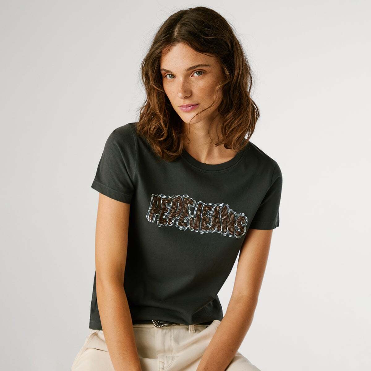T-Shirt Avec Logo En Strass gris, PEPE JEANS