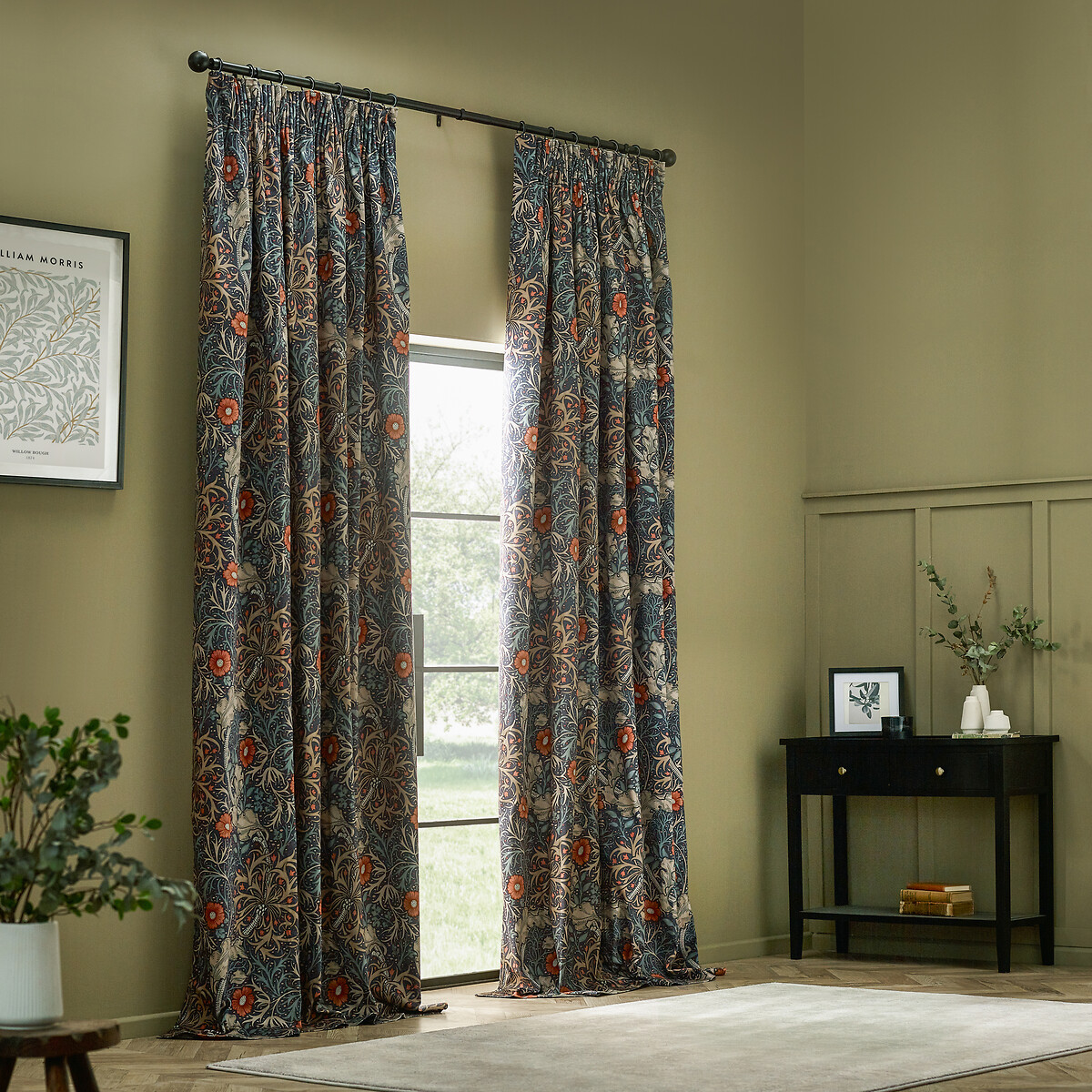 Seaweed Matt Velvet Pencil Pleat Curtains indigo, MORRIS & CO.
