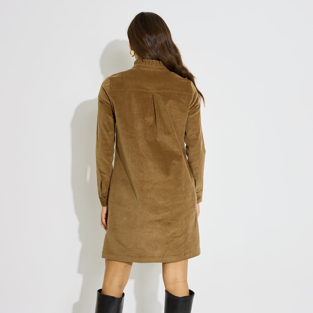 Robe courte velours côtelé col froufrou marron camel, GRAIN DE MALICE