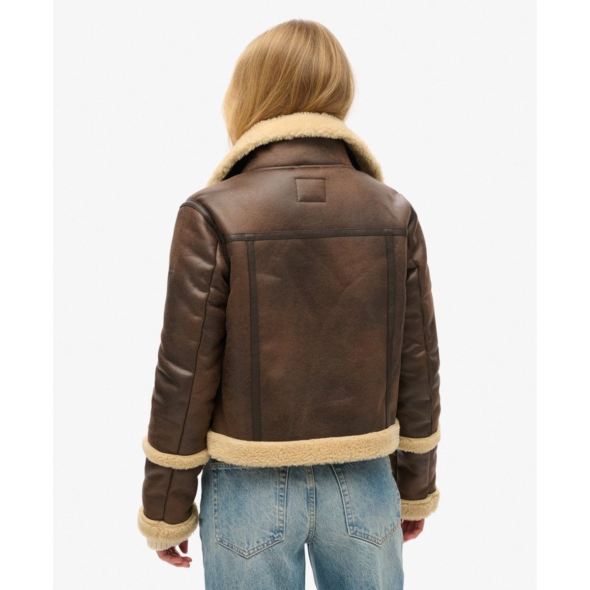 Veste aviateur courte en peau de mouton synthétique marron foncé, SUPERDRY