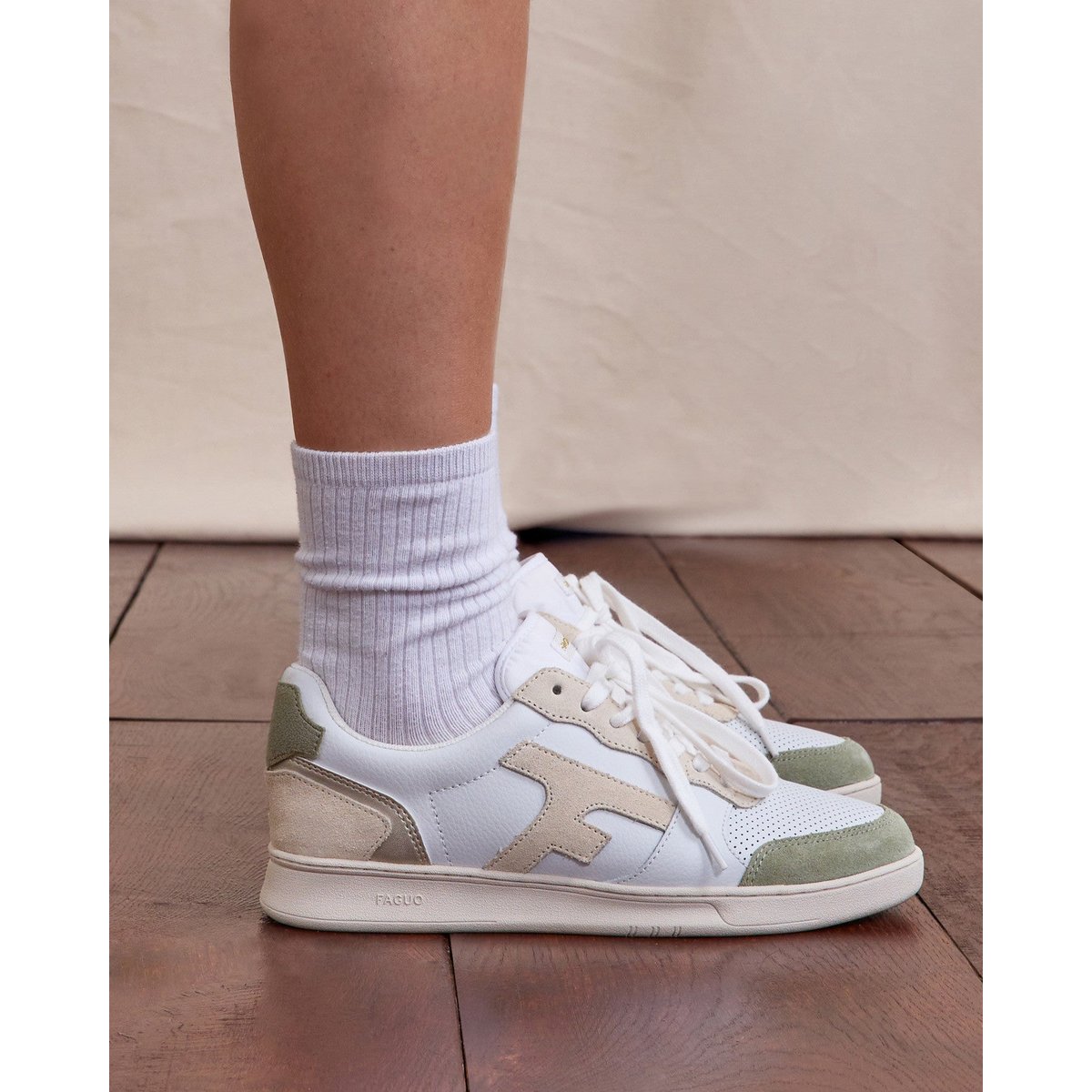 Baskets basses cuir suede HAZEL blanc et bleu océan, FAGUO