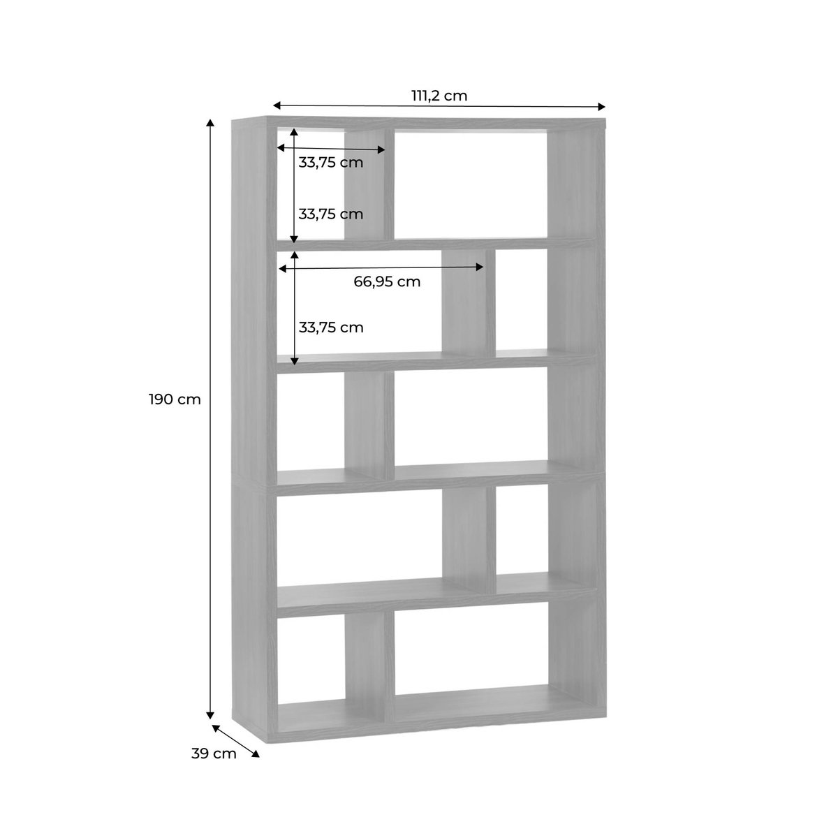 Etagère bibliothèque décor bois asymétrique 5 niveaux 10 compartiments BASIKS noyer, SWEEEK