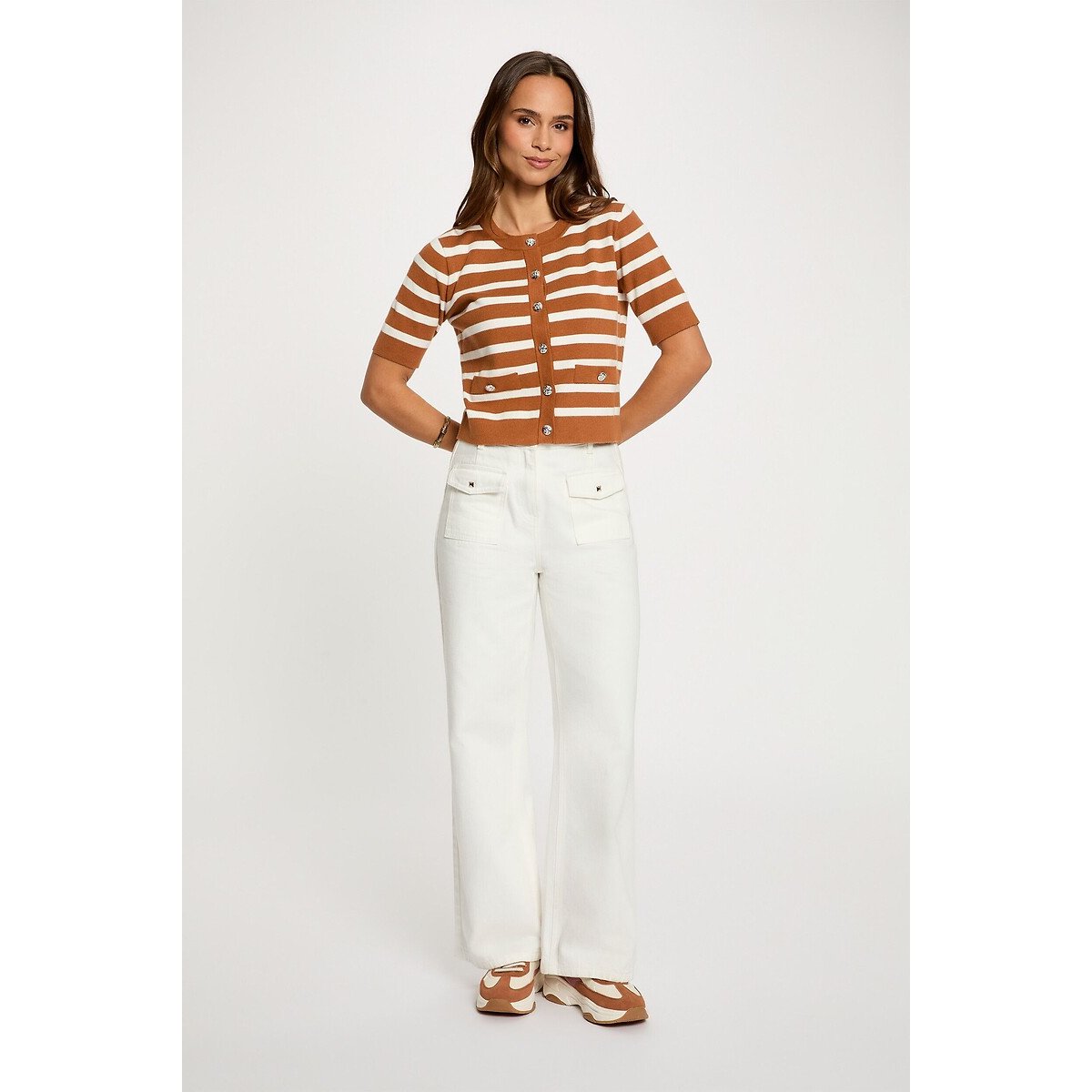 Gilet manches courtes rayé, col rond camel/blanc, MORGAN