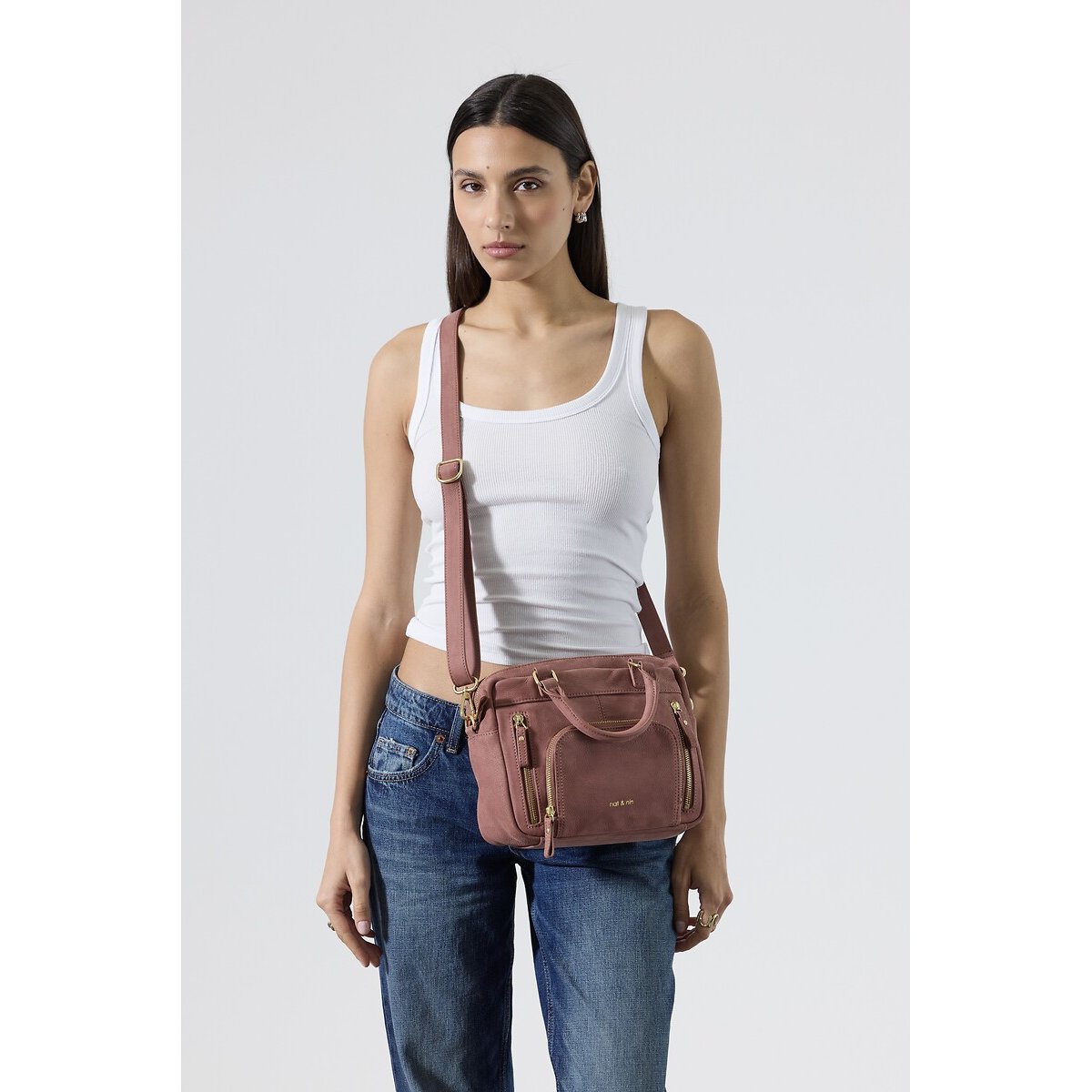 Sac à main en cuir grainé MINI MACY bois de rose, NAT & NIN