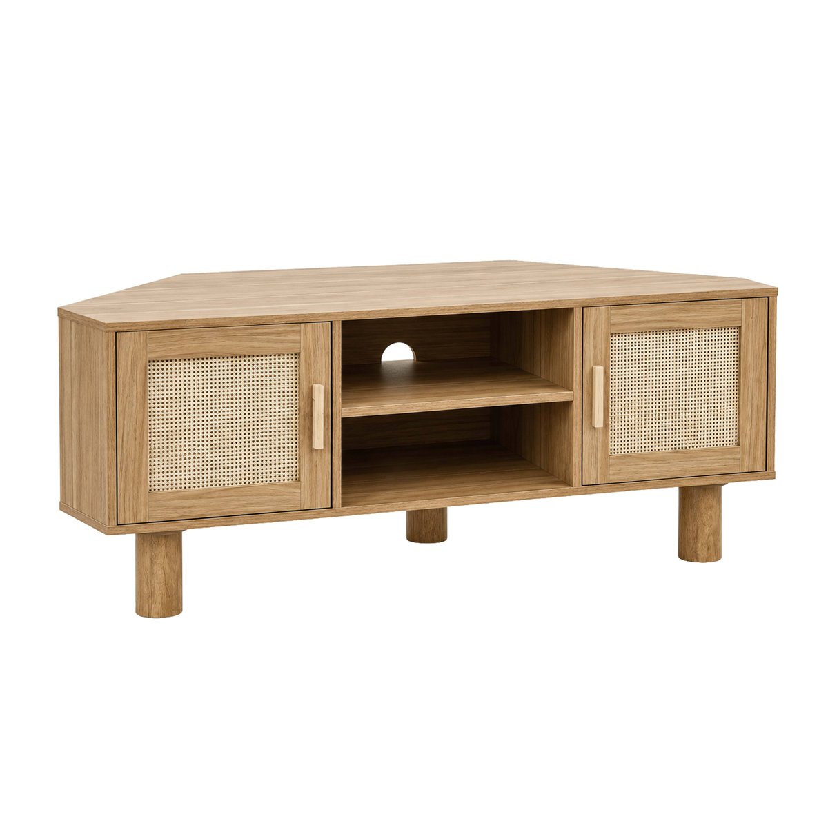Meuble TV d'angle effet bois et cannage 120 cm en rotin synthétique style bohème, ADAM bois clair, OVIALA