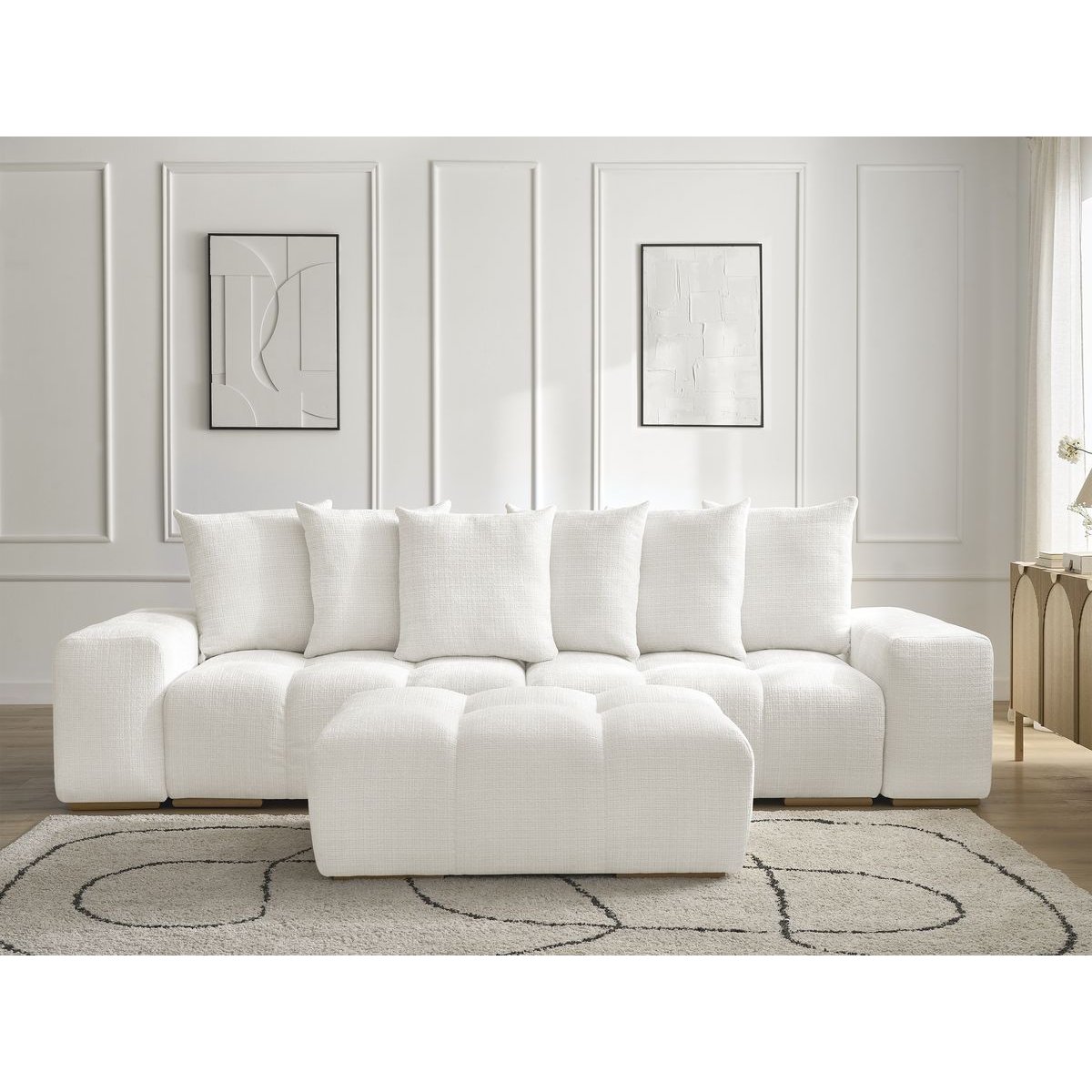 Canapé droit fixe 3 places en tissu texturé avec pouf, ANAKIN blanc, BOBOCHIC