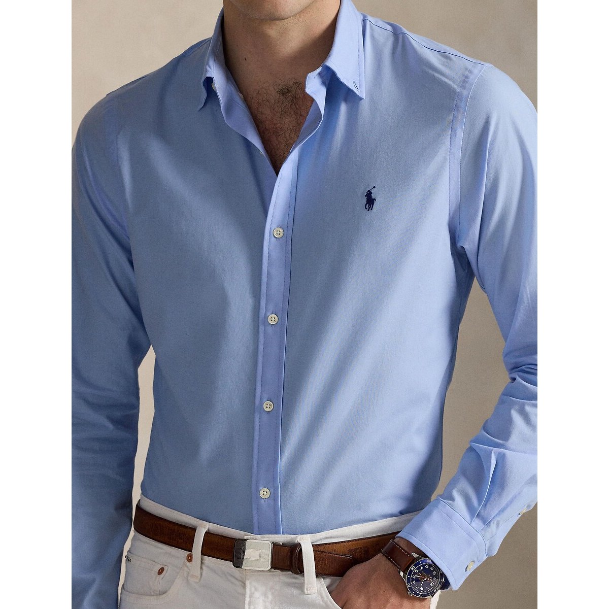 Camicia aderente chino con logo ricamato blu chiaro, POLO RALPH LAUREN