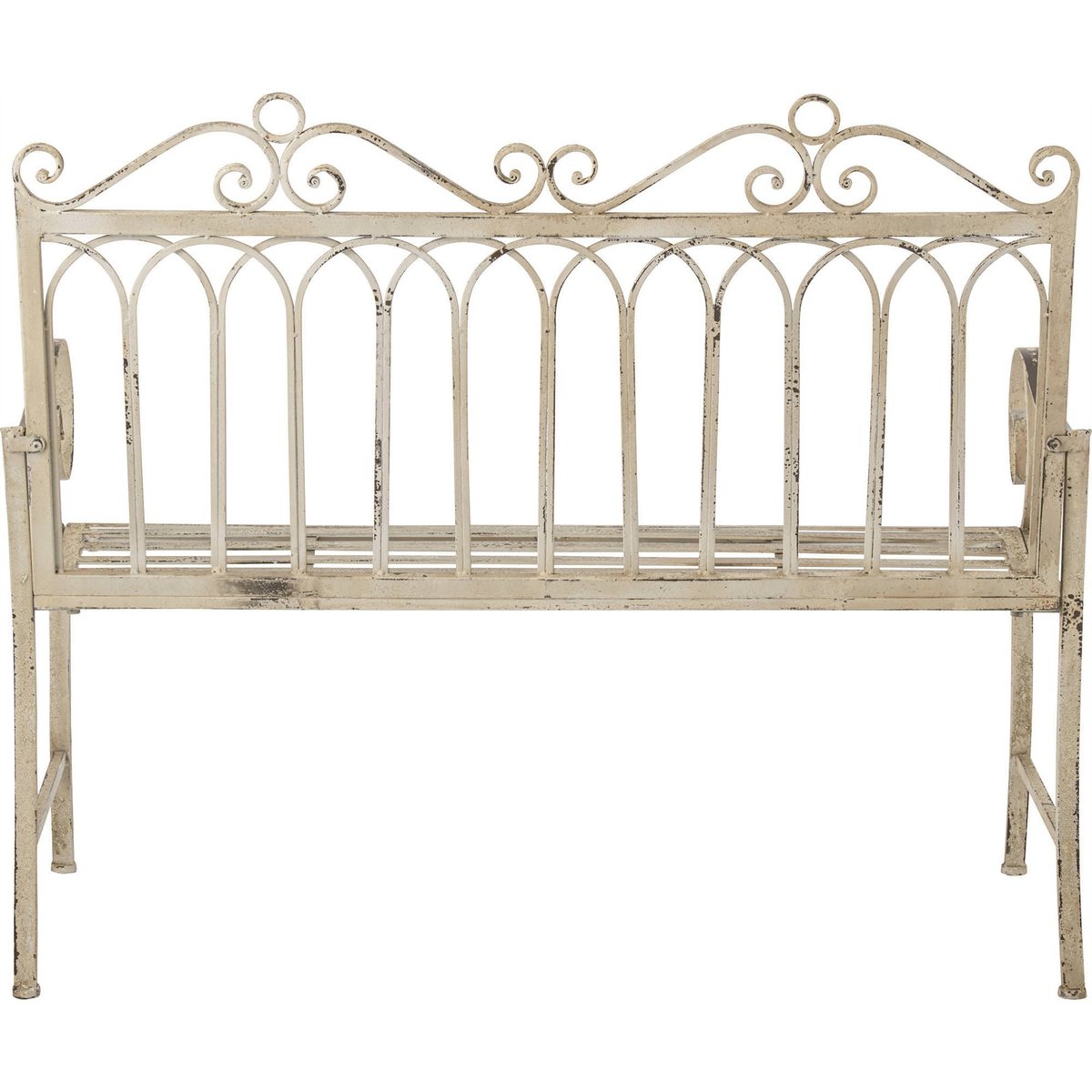 Banc en métal esprit romantique blanc cassé patiné, RECOLLECTION