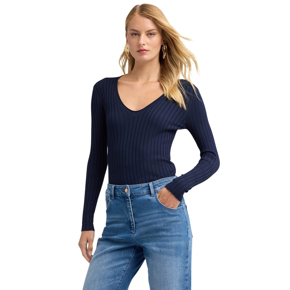 Pull à côtes plates avec encolure en V bleu, MOTIVI