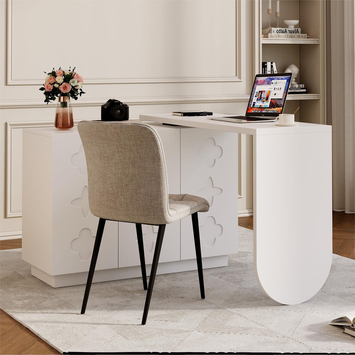 Bureau d’angle rotatif multifonction avec 3 tiroirs et rangement intégré, BABERCA blanc, MEUBLES COSY