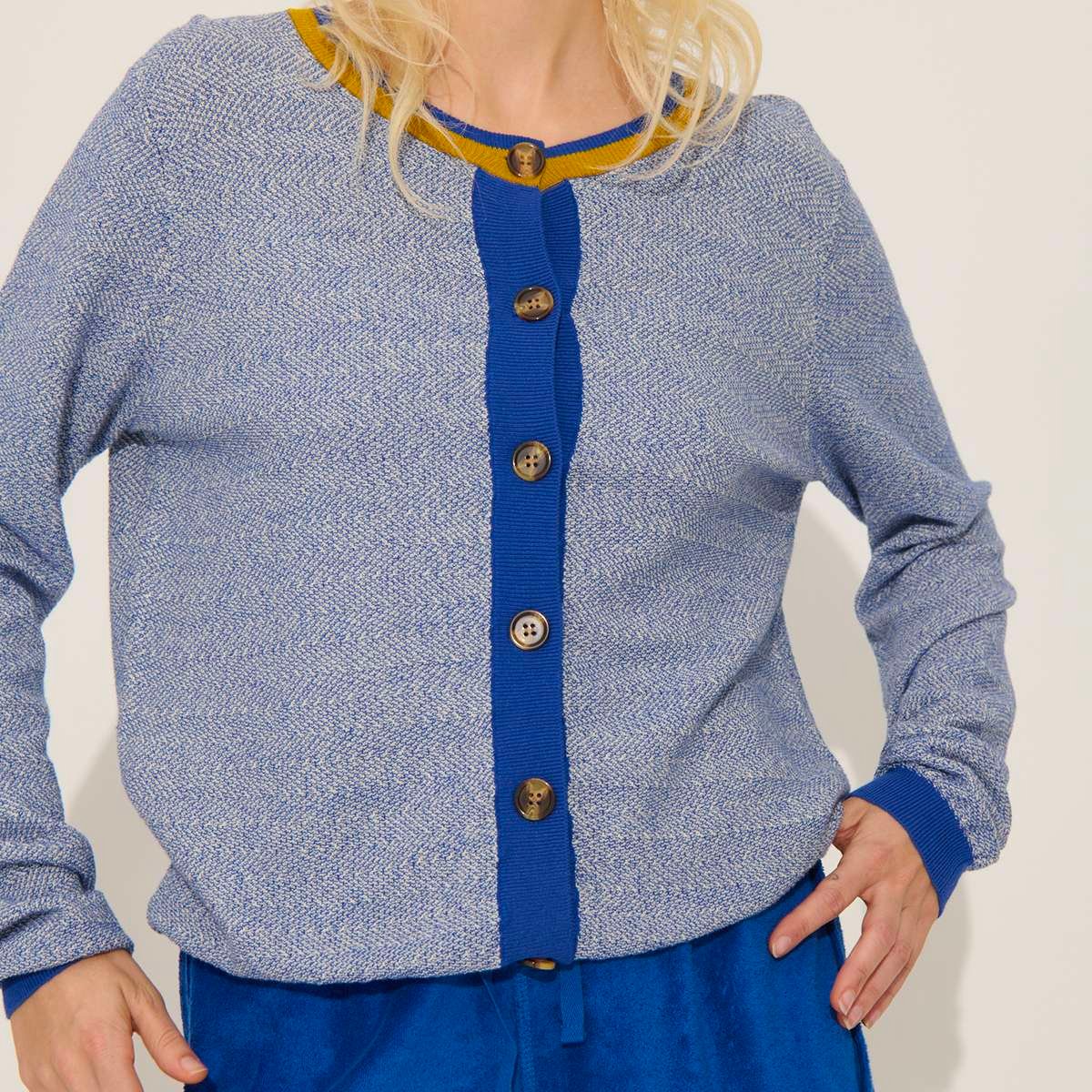 Gilet manches longues en coton et lin JAMIE ivoire-marine, BENSIMON