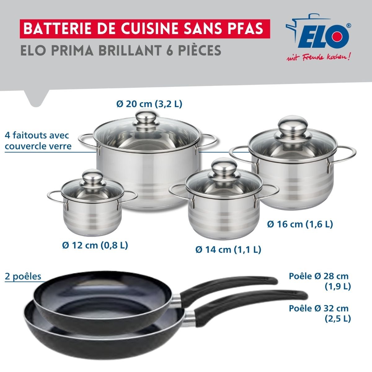 2 poêles 28/32cm + 4 faitouts 12/14/16/20cm PRIMA BRILLANT noir, ELO
