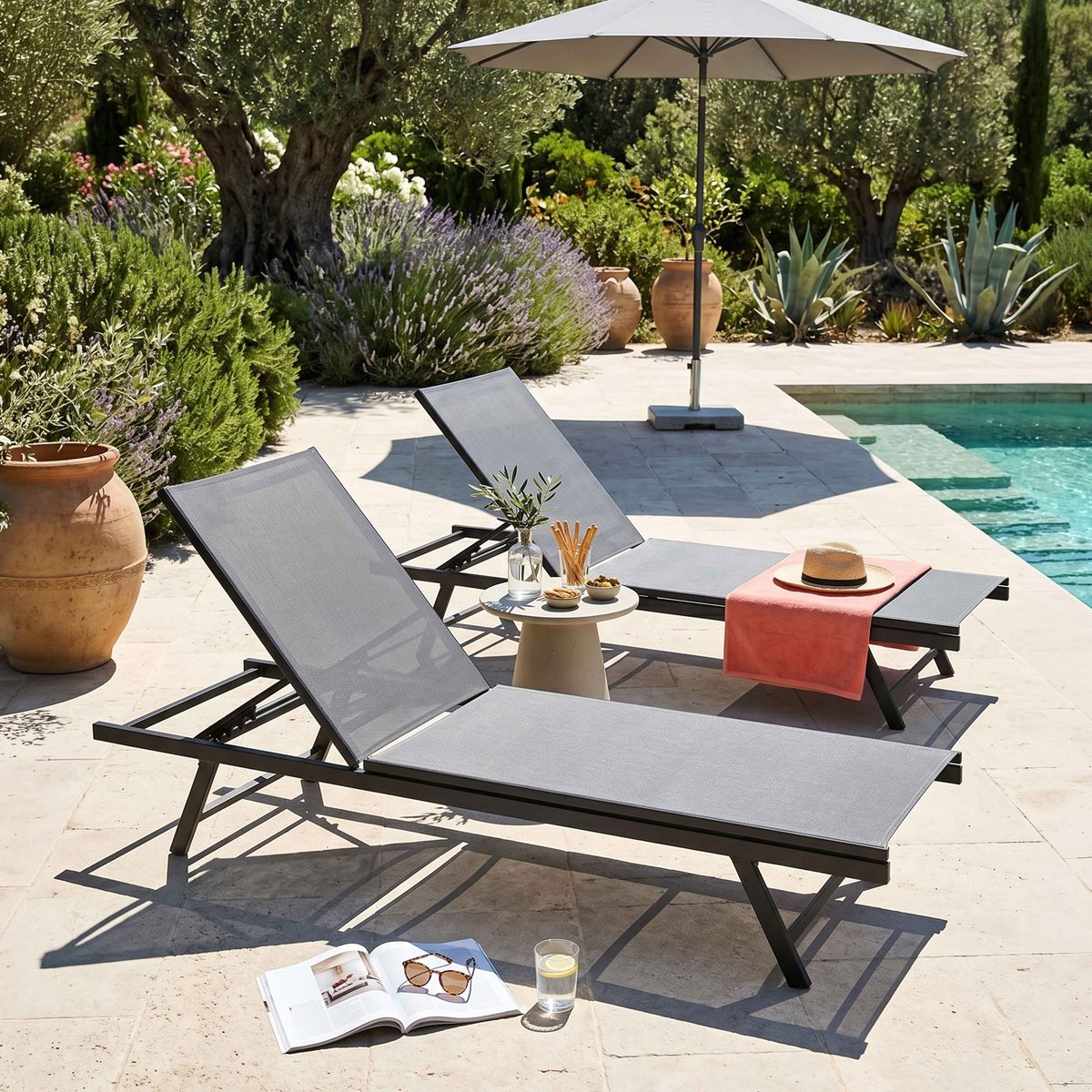 Lot de 2 bains de soleil pliant TAHITI gris, OVIALA