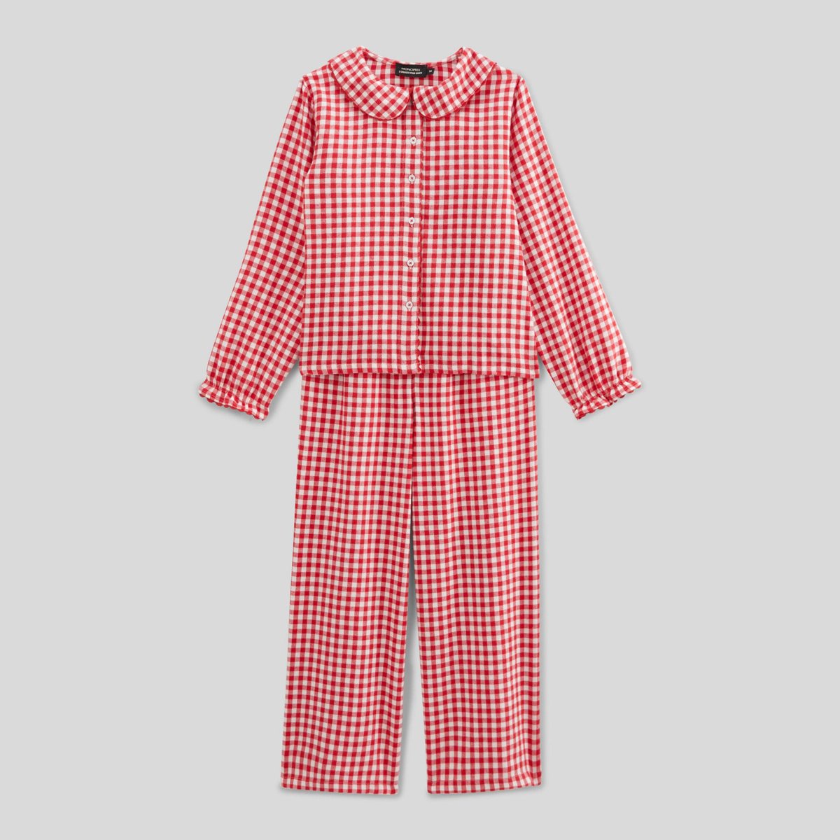 Pyjama manches longues col claudine à carreaux en coton rouge, MONOPRIX