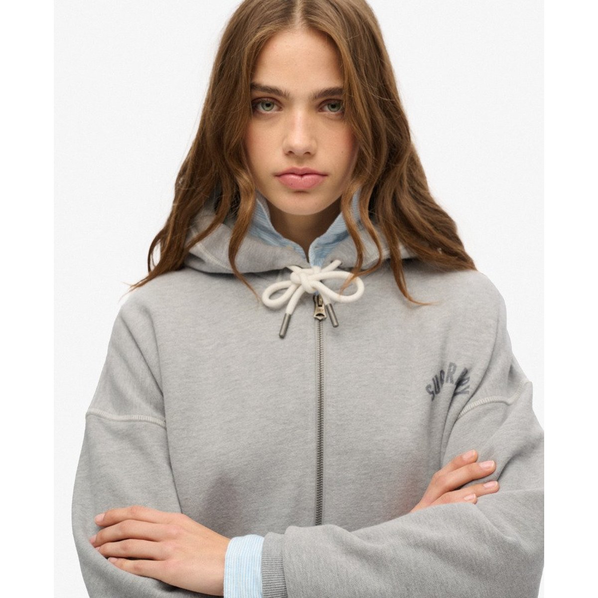 Sweat à capuche zippé oversize Athletic Essential gris chiné, SUPERDRY