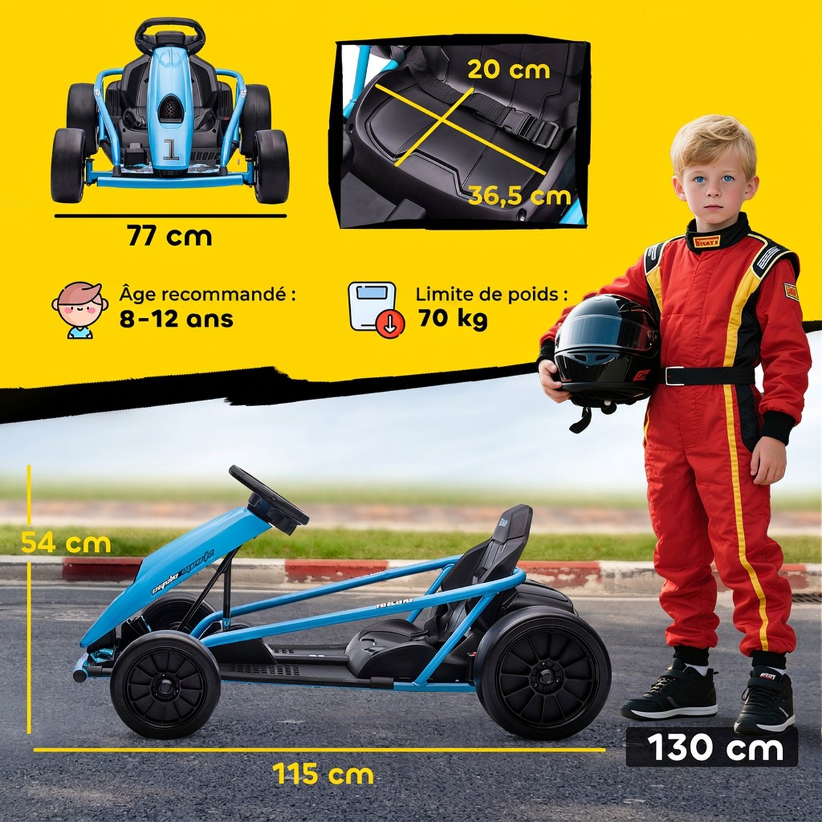 Kart électrique à conducteur assis Plastique bleu + noir, HOMCOM
