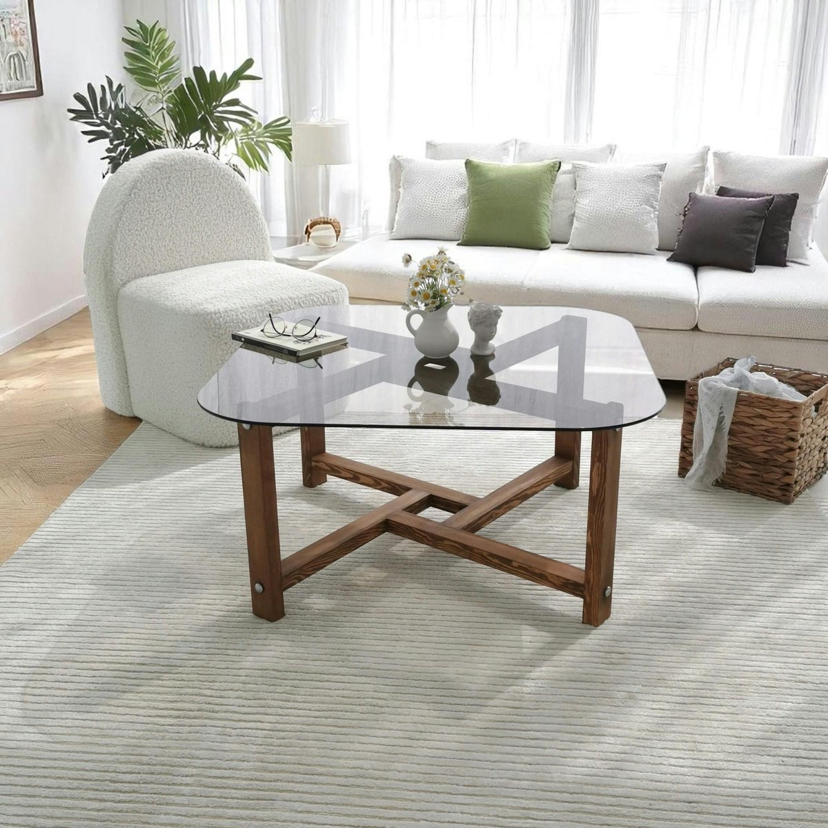 Table basse verre fumé et bois - forme carrée douce ANZIO bois naturel, PIER IMPORT