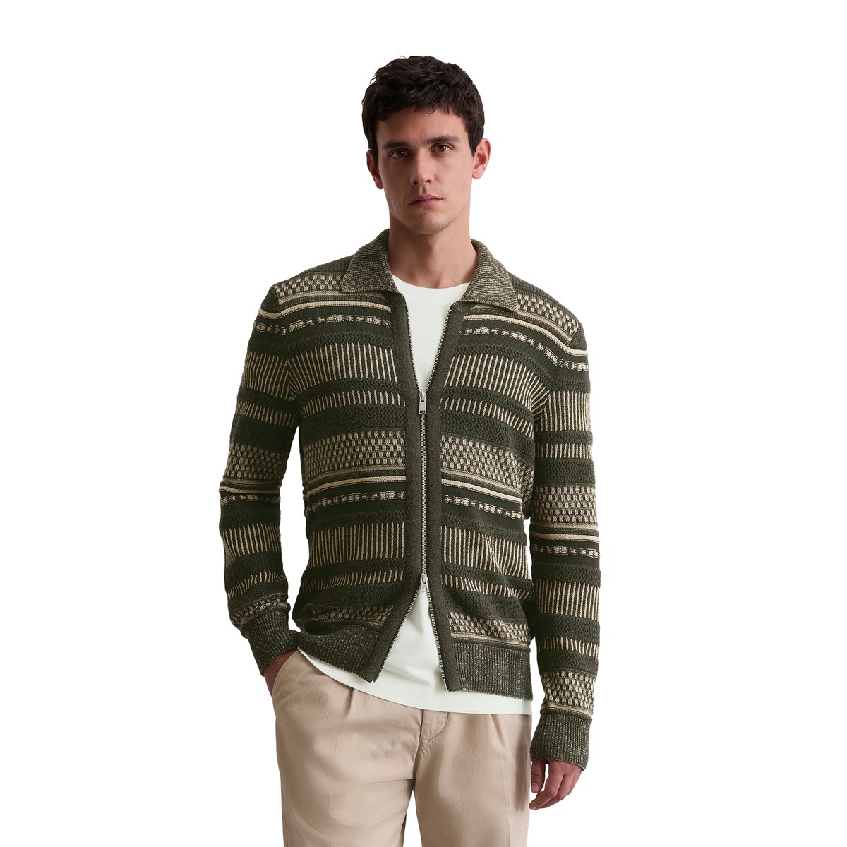 Veste en tricot avec mélange de structures vert foncé, MARC O'POLO