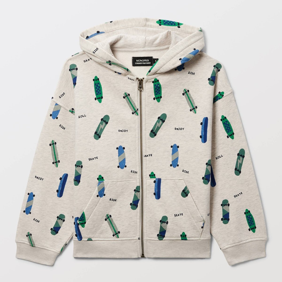 Sweat zippé à capuche imprimé en coton BIO GOTS naturel chine, MONOPRIX