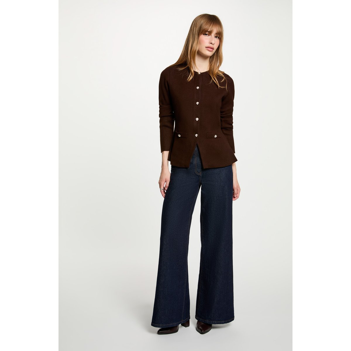 Gilet col rond marron foncé, MORGAN